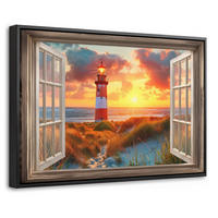 LEINWAND Bilder mit Rahmen - Aussicht - Fenster - Leuchtturm - Sonnenuntergang - Strand - 60x40 - Dunkelorange, Textil (60/40cm) - MuchoWow