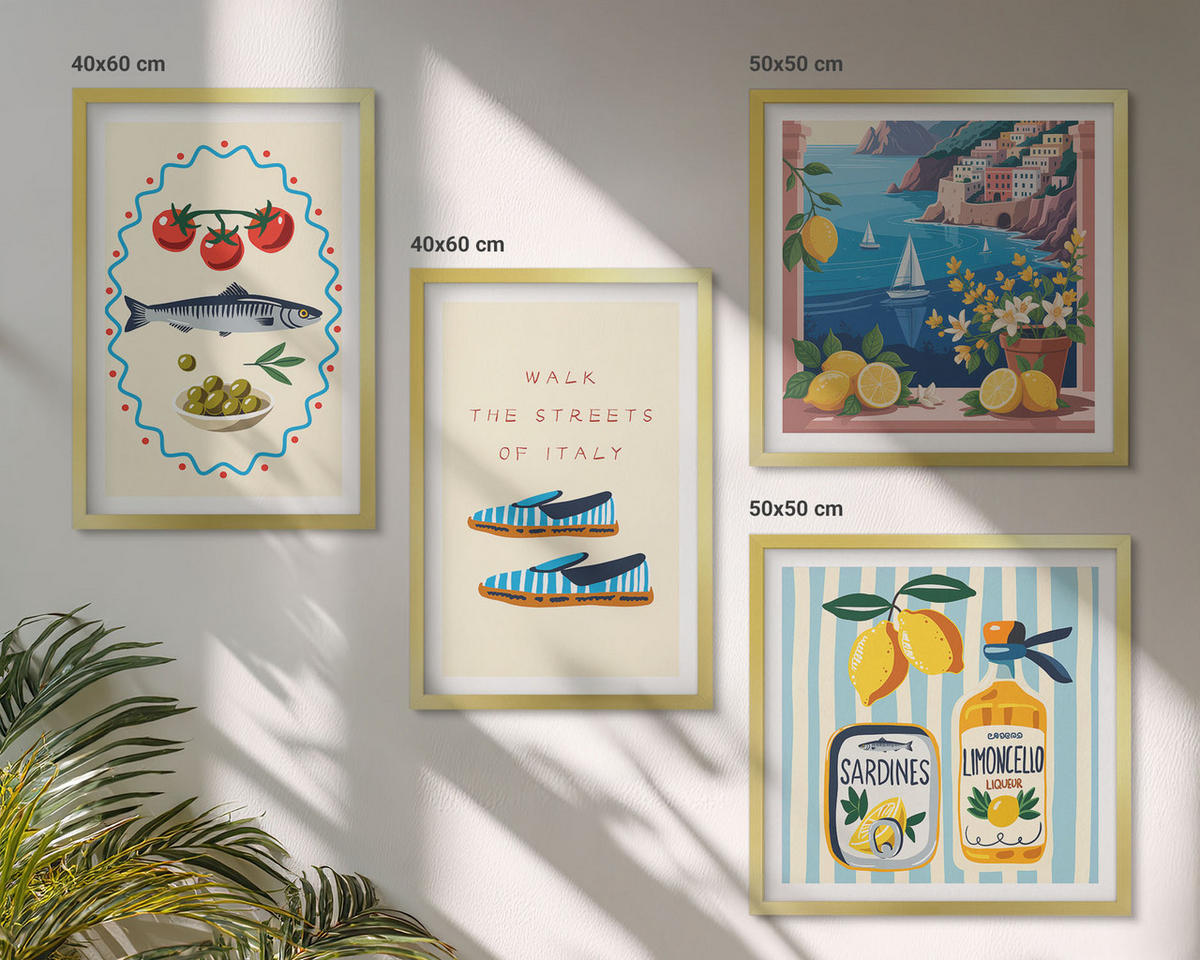 BILDER SET 4er Set - 50x50 cm & 40x60 cm Goldrahmen - Italienische Aromen, farbenfrohe Bilder - Goldfarben, Kunststoff (50/50cm) - TULUP
