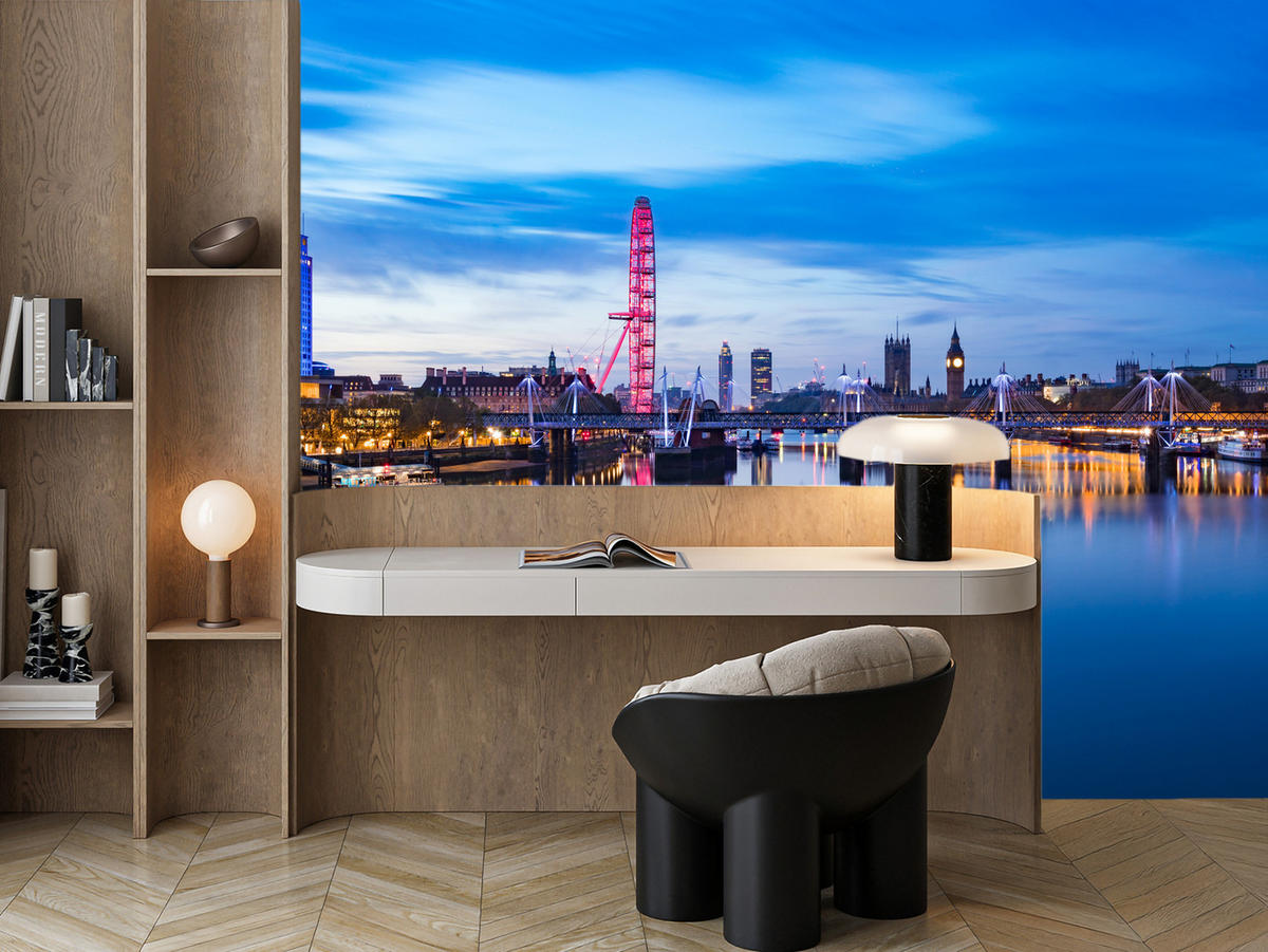 FOTOTAPETE für Wohnzimmer Panorama London Eye Themseufer 300x210 - Blau/Rot, Papier (300/210cm) - Muralo
