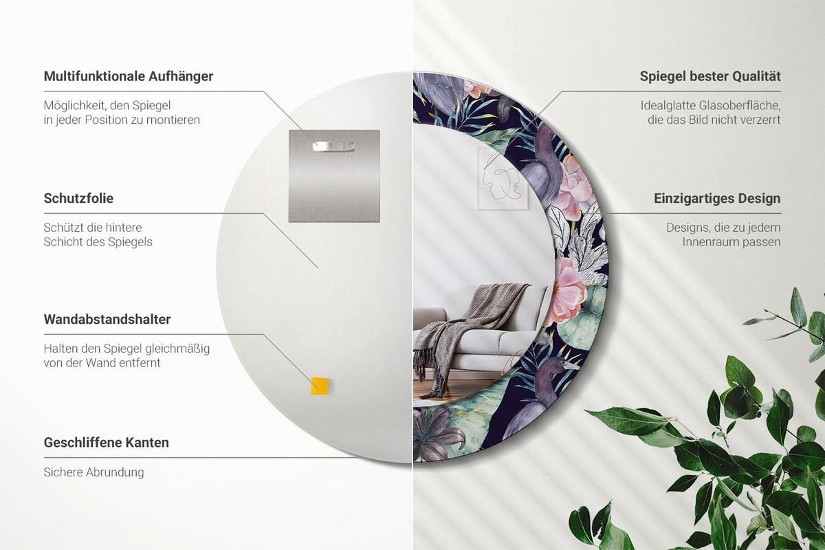 SPIEGEL Rund Ø 50 cm mit Aufdruck - Multicolor, Glas (50/50/0.4cm) - Wallfluent