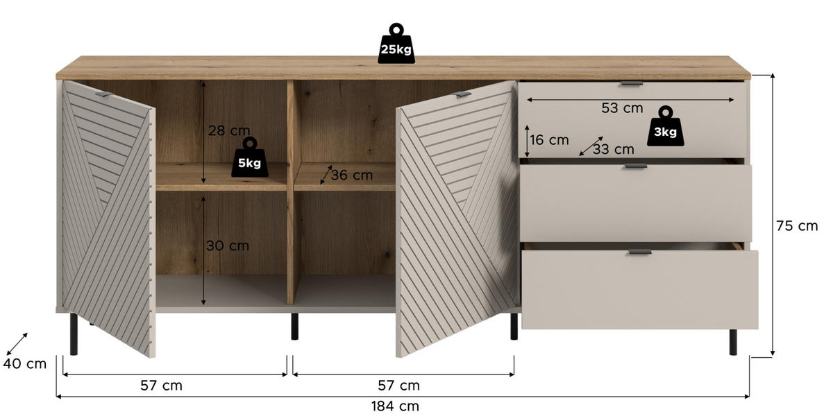 SIDEBOARD Kaschmir, Evoke Eiche 184 x 95 cm, Kommode mit viel Stauraum - Kaschmir/Eichefarben, Holzwerkstoff/Metall (184/75/40cm) - Inn.Furn