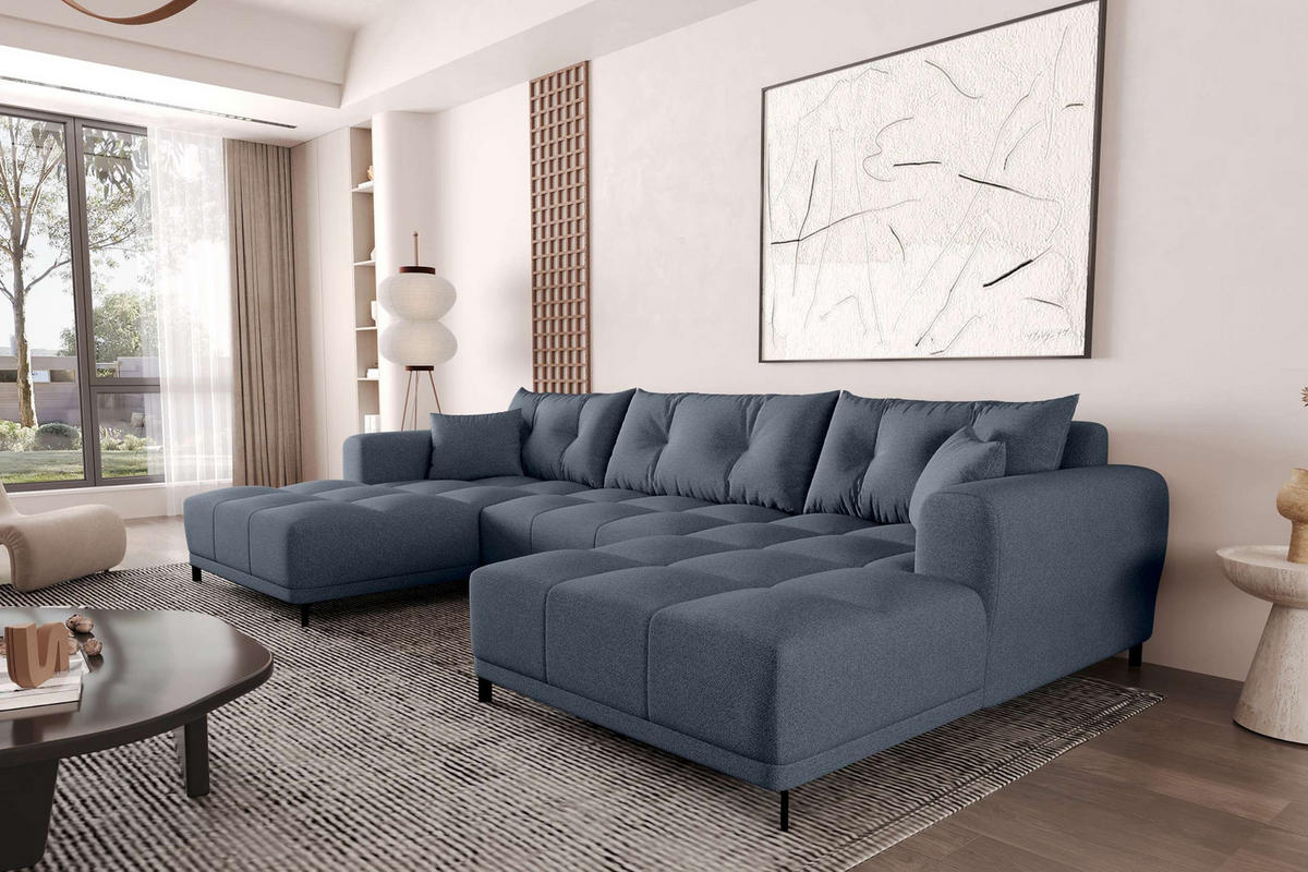 WOHNLANDSCHAFT Strukturstoff Dunkelblau inkl. Schlaffunktion - Schwarz/Dunkelblau, Textil/Metall (348/94/181cm) - 99rooms