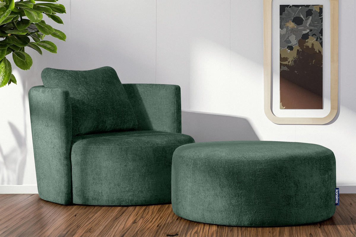 DREHSESSEL-SET RAGGI inkl. Sitzhocker, Chenille-Stoff, grün - Grün, Textil (92/75/80cm) - KONSIMO®