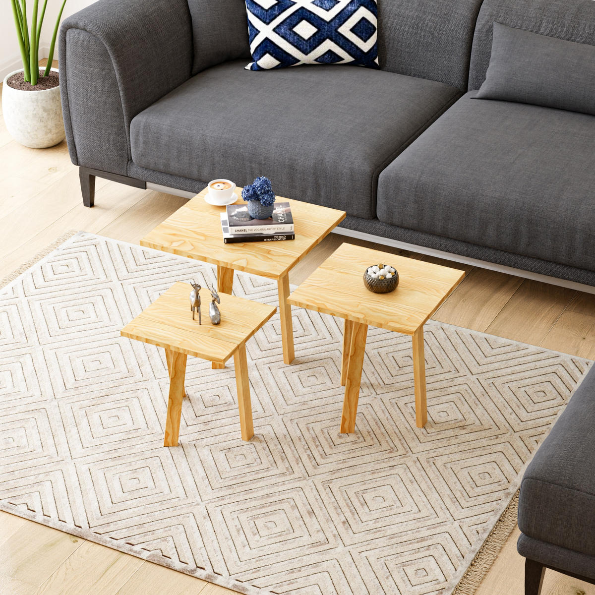 BEISTELLTISCH-SET 3 TLG. Masku - Naturfarben, Holz (30/30/50cm) - [en.casa]