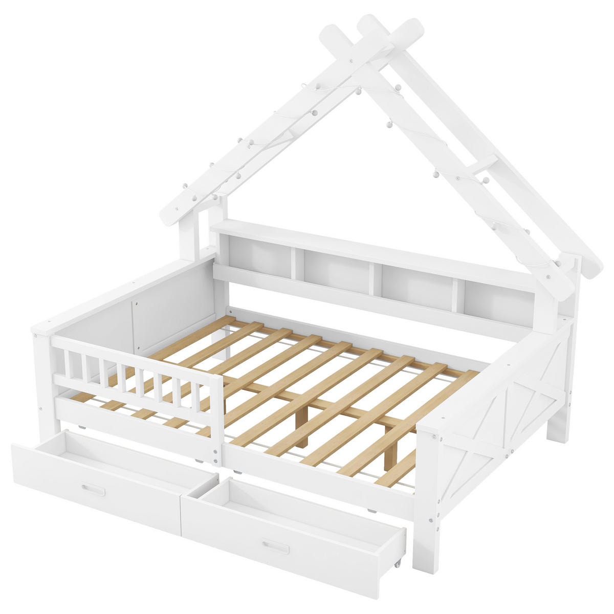 HAUSBETT 140/200 cm in Weiß mit 2 Schubladen, LED und Regal - Weiß, Holz/Holzwerkstoff (140/200cm) - WISHDOR