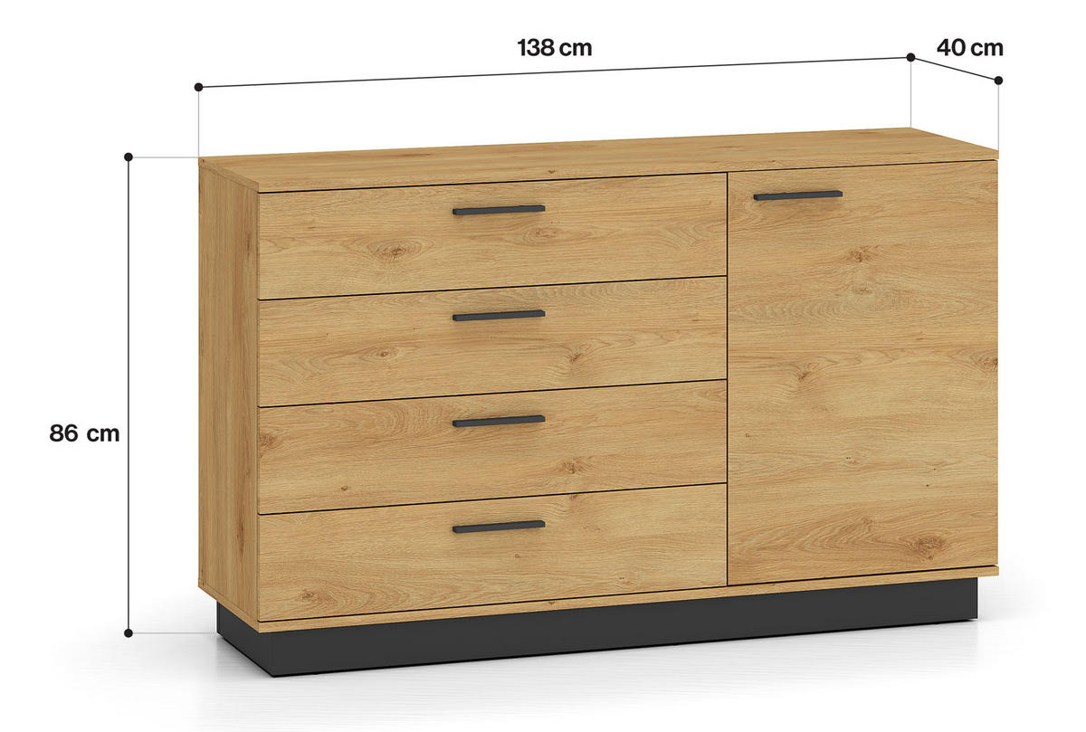 KOMMODE Modesto Eiche Style hell / Schwarz 138 / 40 / 86 cm - Eichefarben/Schwarz, Holz/Holzwerkstoff (138/86/40cm) - Feldmann-Wohnen