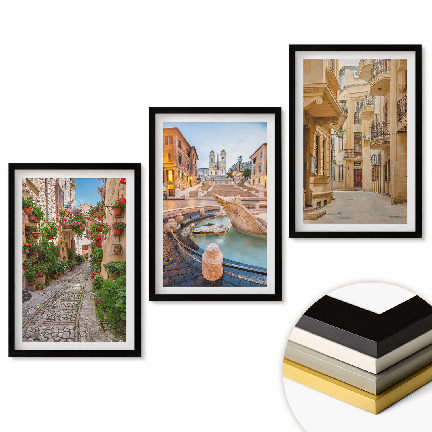 WANDBILDER 3er-Set - 40x60 cm Schwarzer Rahmen - Die bezaubernden Straßen des Brunnens - Schwarz, Kunststoff (40/60cm) - ArtPrintCave
