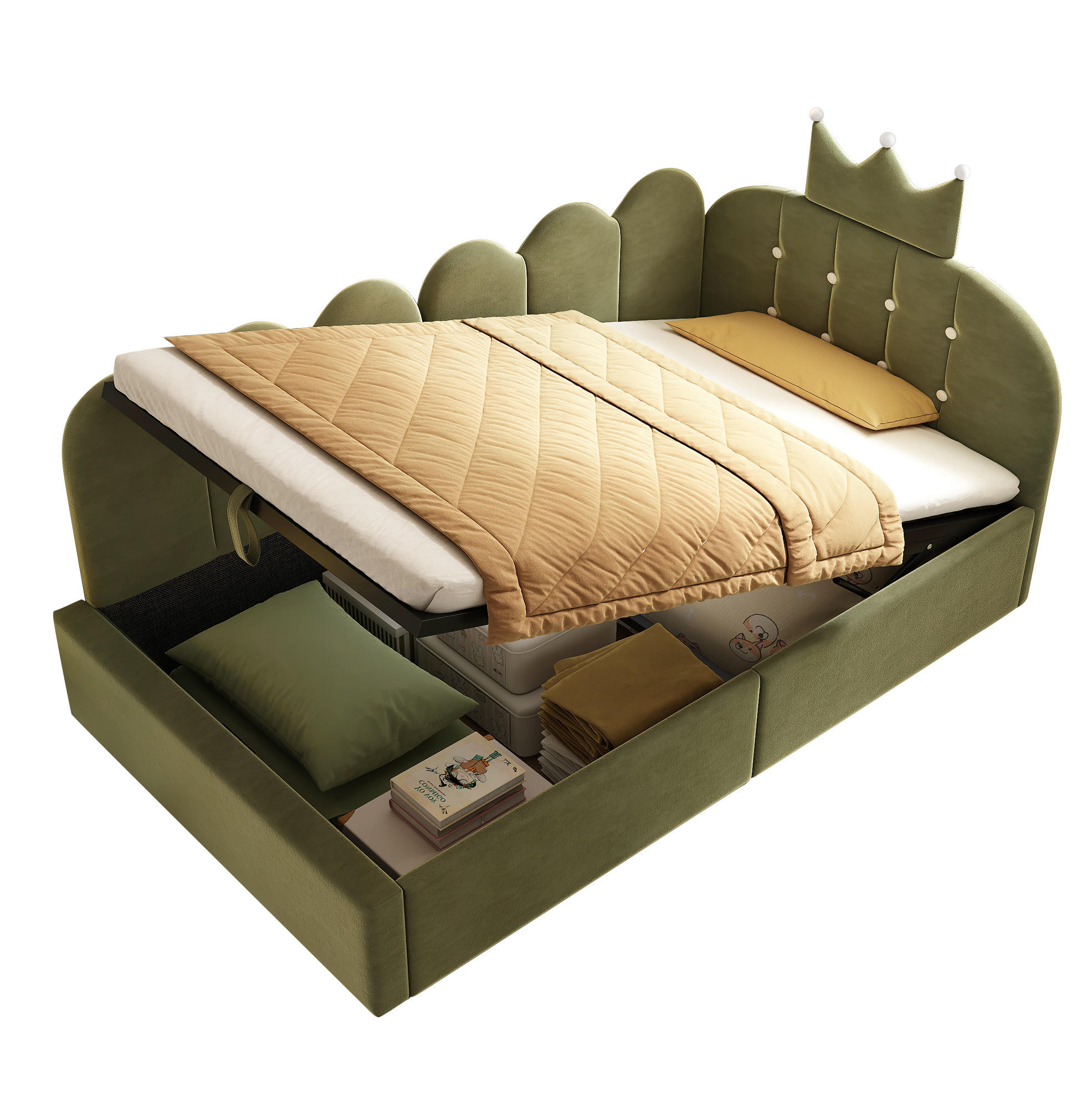 POLSTERBETT aus Samt 90x190 cm Grün mit hydraulischem Stauraum, L-Form und Kronen-Gitter-Design - Grün, Textil (90/190cm) - Modfu