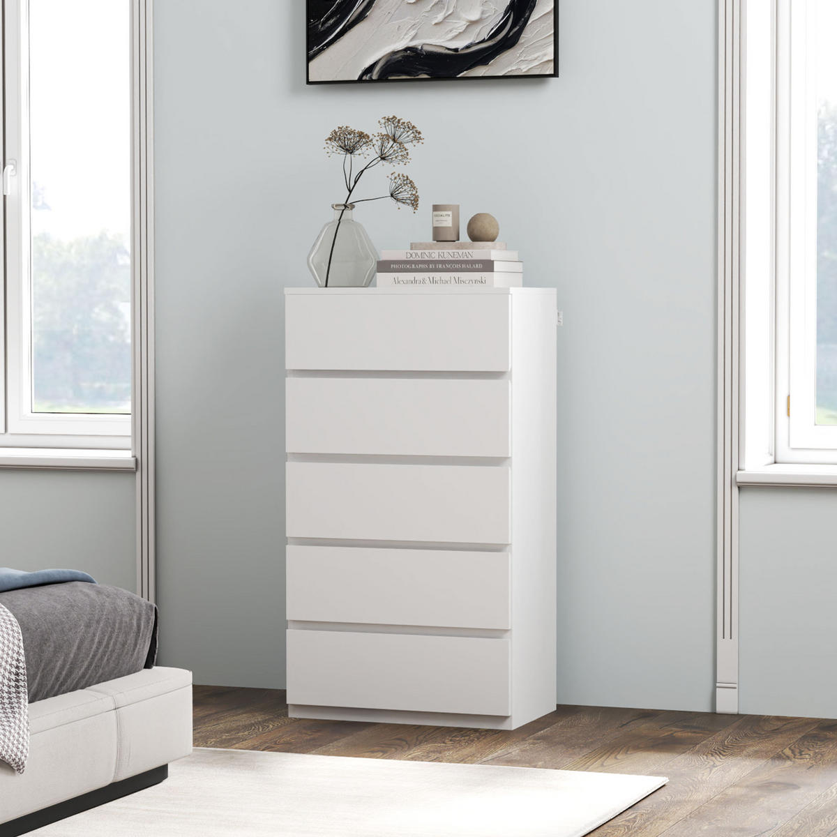 KOMMODE Schubladenschrank Sideboard mit 5 Schubladen, Weiß, 55 x 34 x 100 cm - Weiß, Holzwerkstoff (34/100/55cm) - HOMCOM