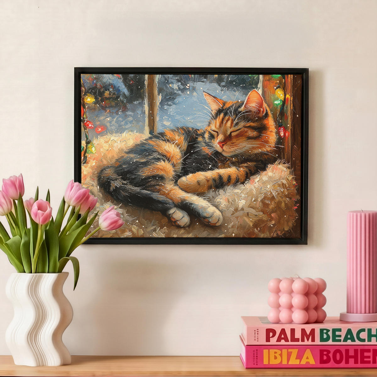 LEINWAND Bilder mit Rahmen - Katze - Weihnachten - Winter - Tier - 40x30 - Bernsteinfarben, Textil (40/30cm) - MuchoWow