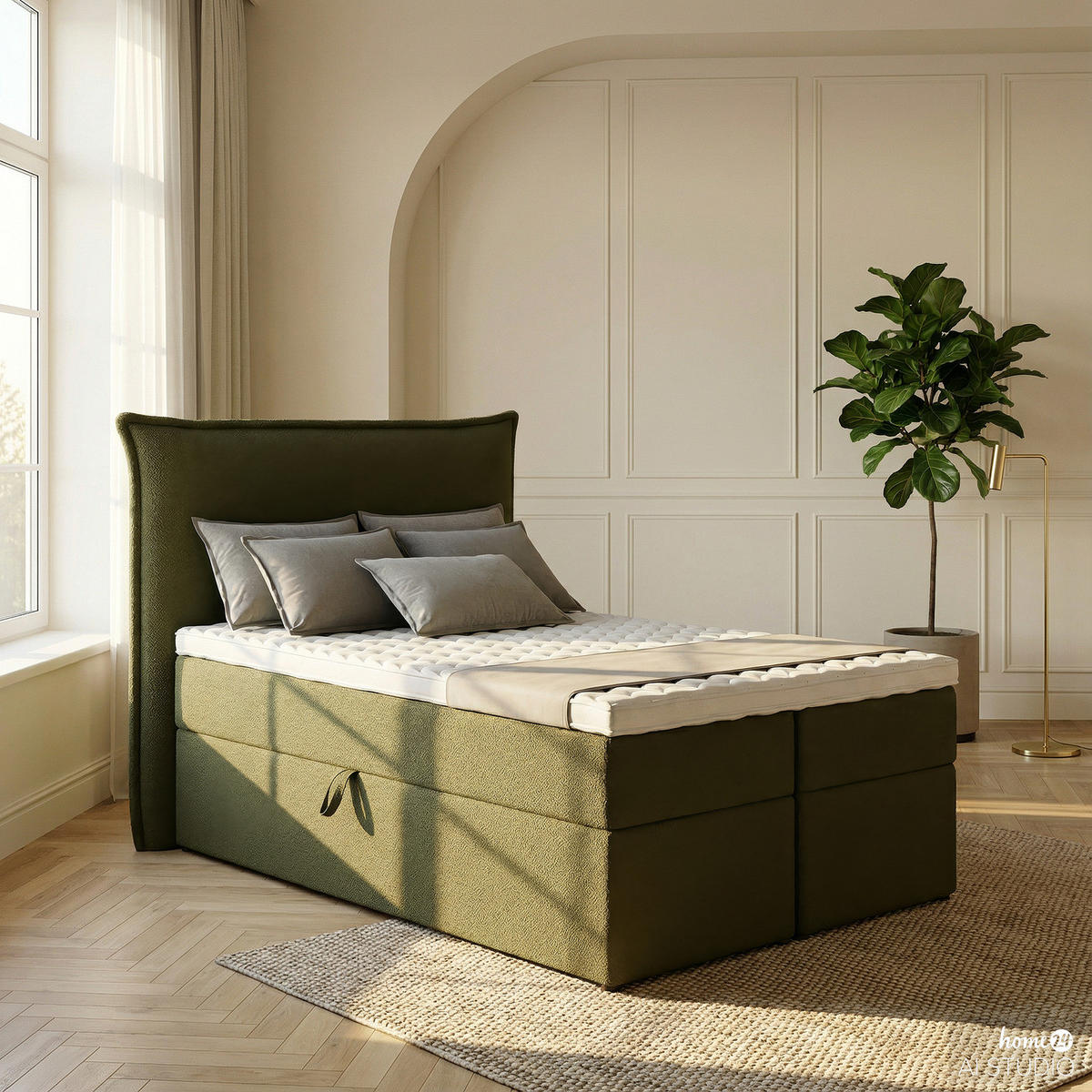 BOXBETT mit Stauraum - Bouclé - Olivgrün, Holzwerkstoff/Textil (120/200cm) - home24