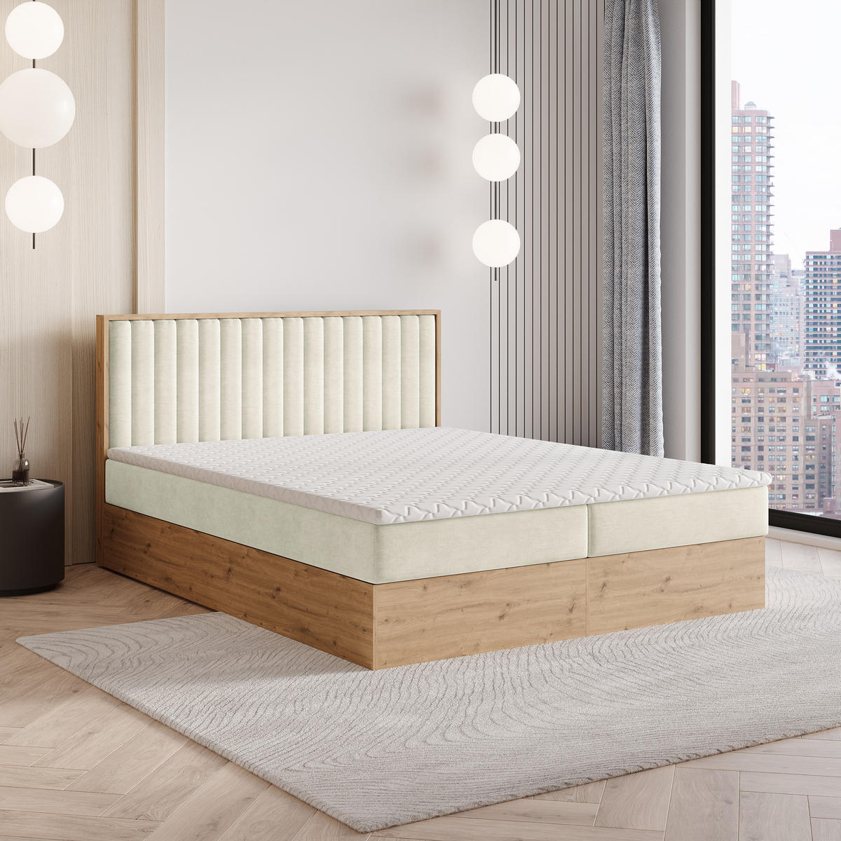 BOXBETT VARELI 140x200 cm mit Matratze und Topper - Creme - Creme, Holz (140/200cm) - MASSENO