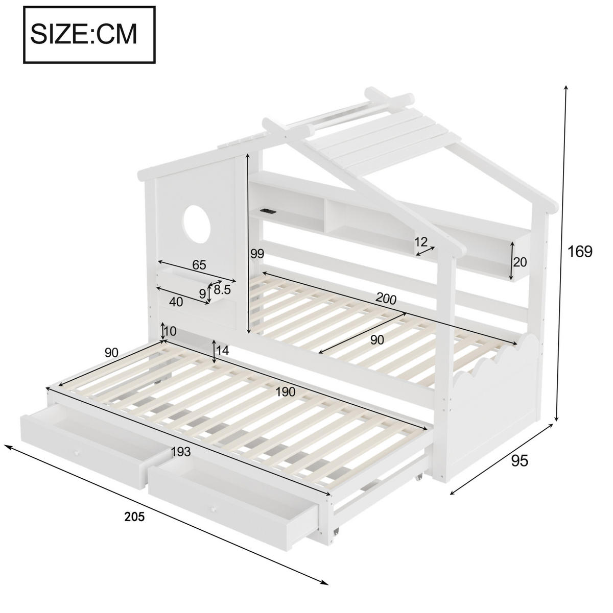KINDERBETT 90/200 cm mit Ausziehbett 90/190, LED, USB- und USB-C-Anschluss, Schubladen, Weiß - Weiß, Holzwerkstoff (90/200cm) - Redom