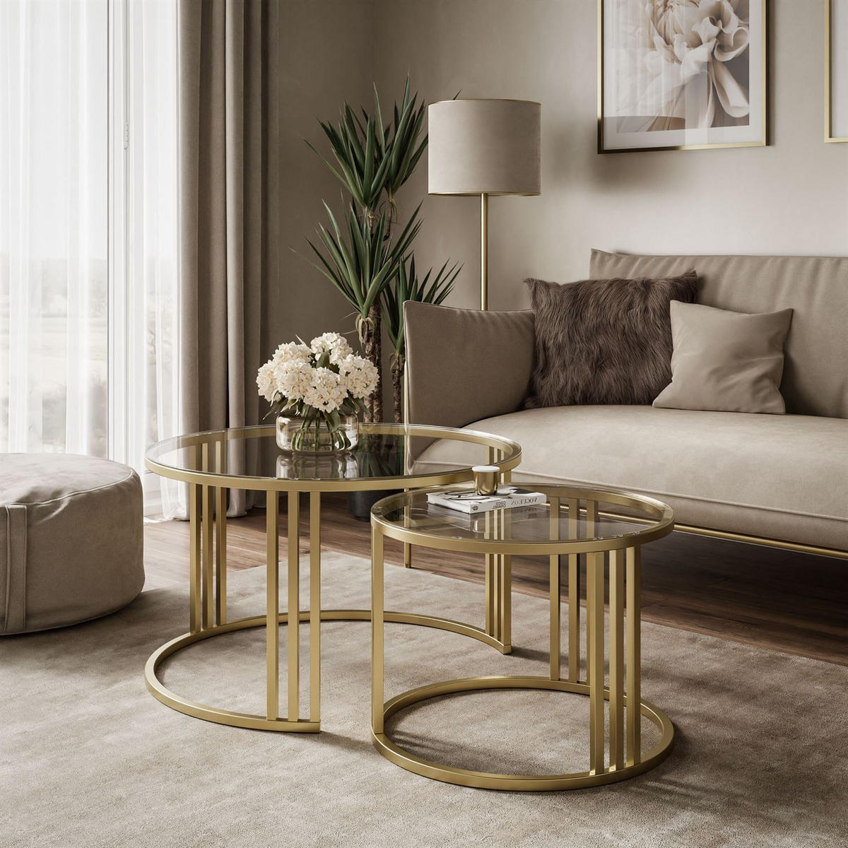 COUCHTISCH 2in1 LORI GLASS gebürstetes Gold, gebürstetes Gold / transparentes Glas - Transparent, Metall (70/70/43cm) - Lookway