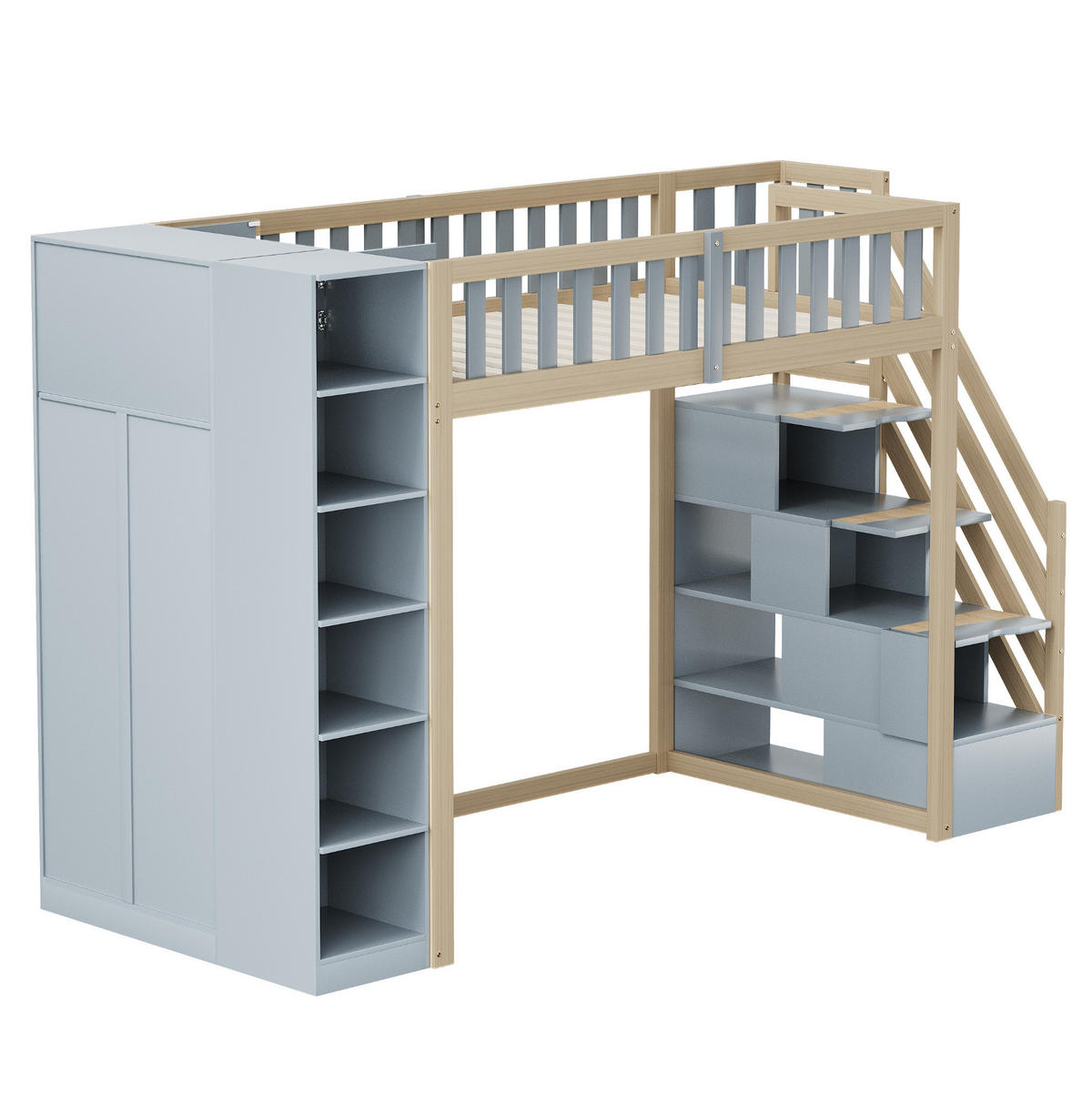HOCHBETT 90/200 cm mit Kleiderschrank, Regalen und Stauraumleiter, Grau/Natur - Grau, Holzwerkstoff (90/200cm) - Redom