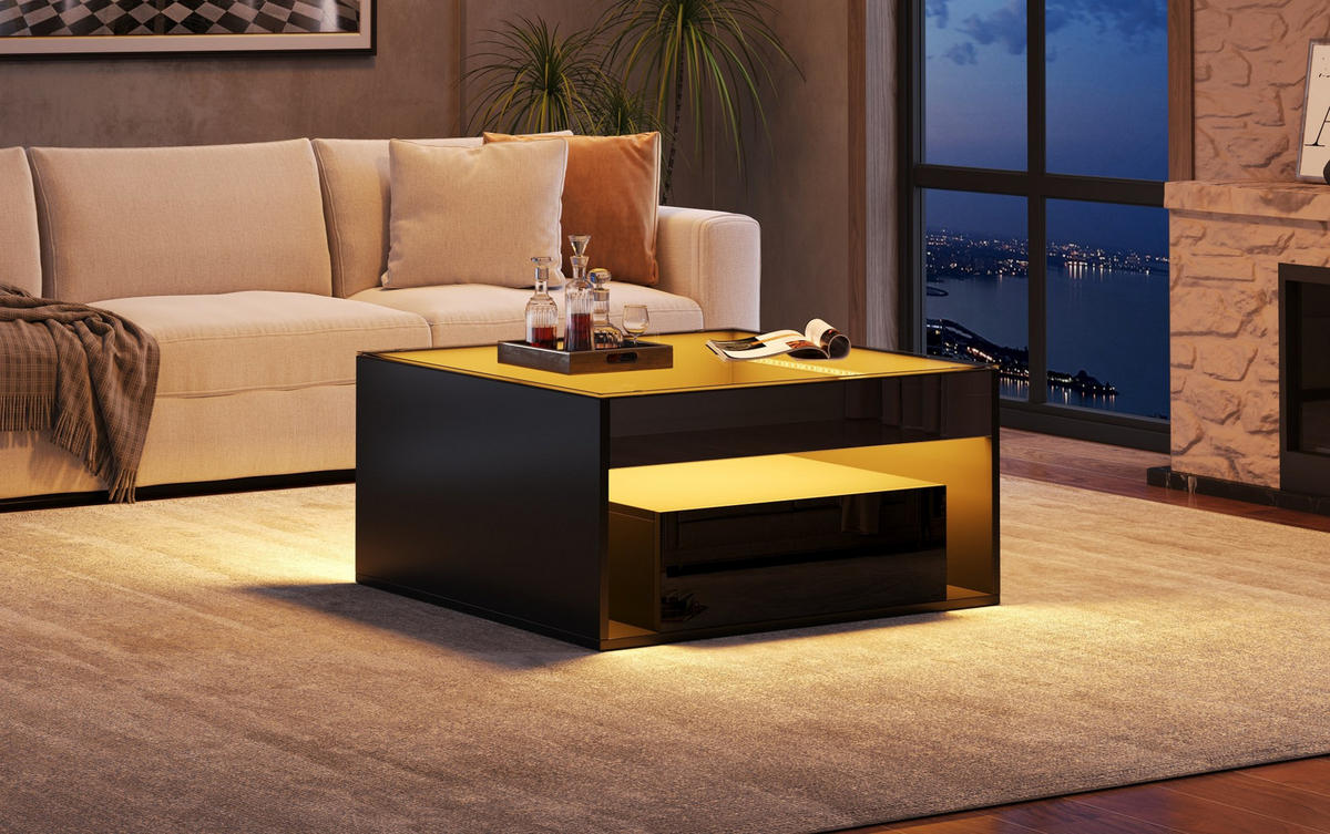 KLUBSKI stolić 70/70/35 cm crni od MDF-a i kaljenog stakla s LED rasvjetom i 2 ladice - crna, drvni materijal (70/70/35cm) - OKWISH