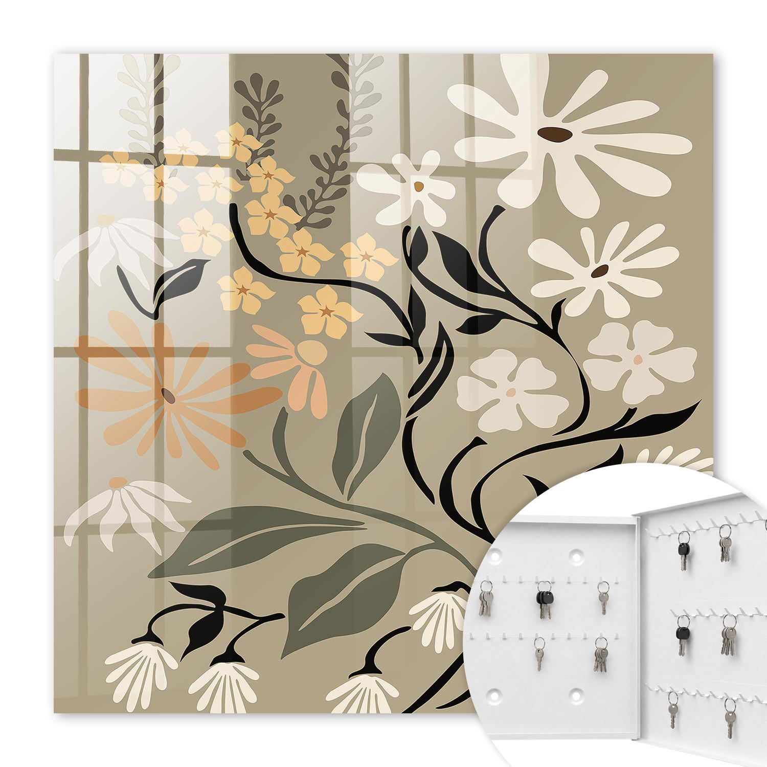 SCHLÜSSELBOX Weiß 30x30 cm – Türöffnung nach rechts - Blumenmotiv - Beige, Metall (30/30/5cm) - TULUP