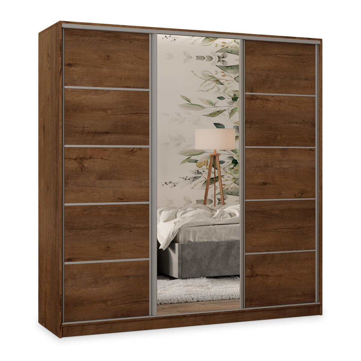 SCHWEBETÜRENSCHRANK PINA 180/205/58 cm 3-türig mit Spiegel und Schubladen Dąb lefkas - Eichefarben/Silberfarben, Holzwerkstoff (180/205/58cm) - MASSENO