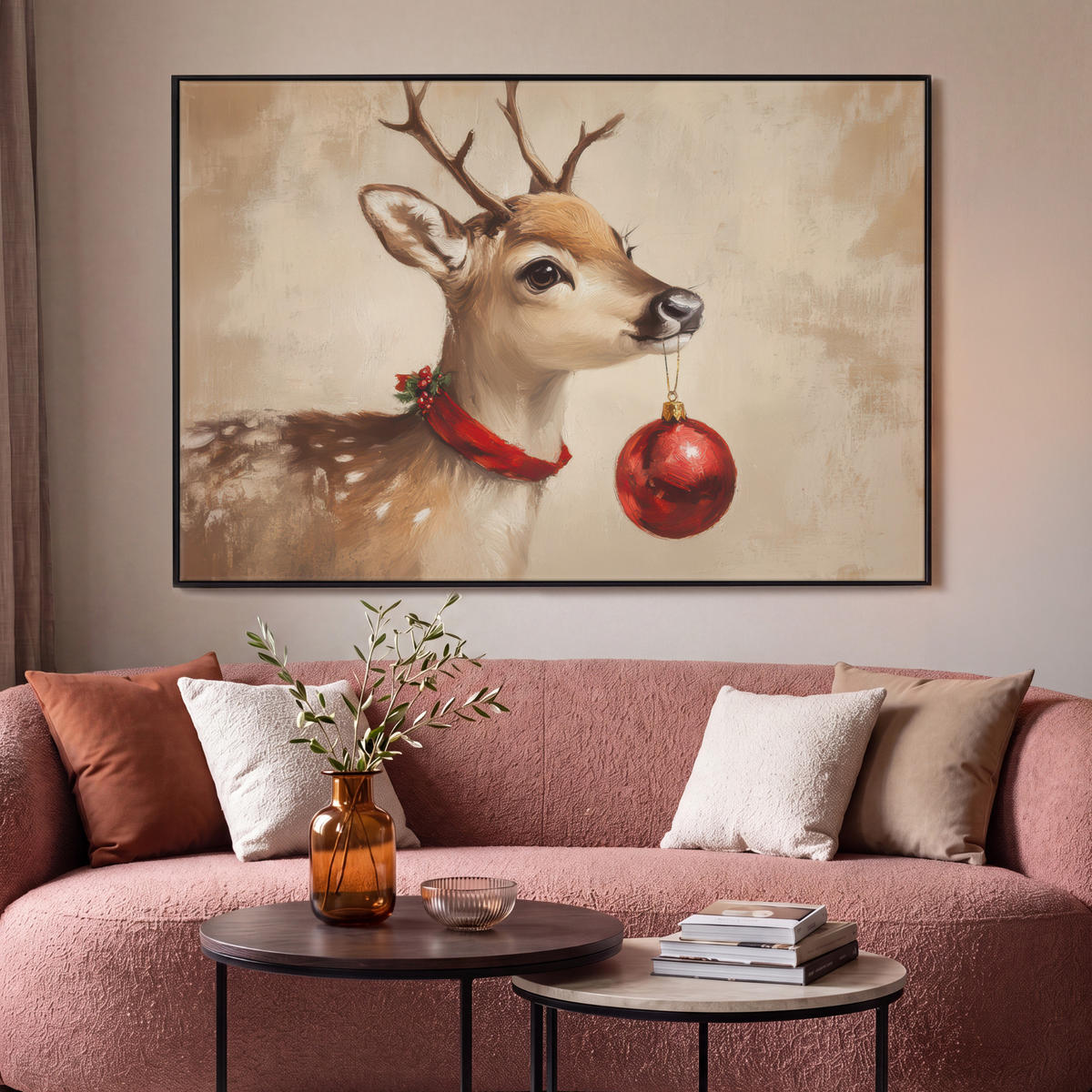 LEINWAND Bilder mit Rahmen - Weihnachten - Hirsch - Geweih - Weihnachtskugel - Rentier - 140x90 - Hellbraun, Textil (140/90cm) - MuchoWow