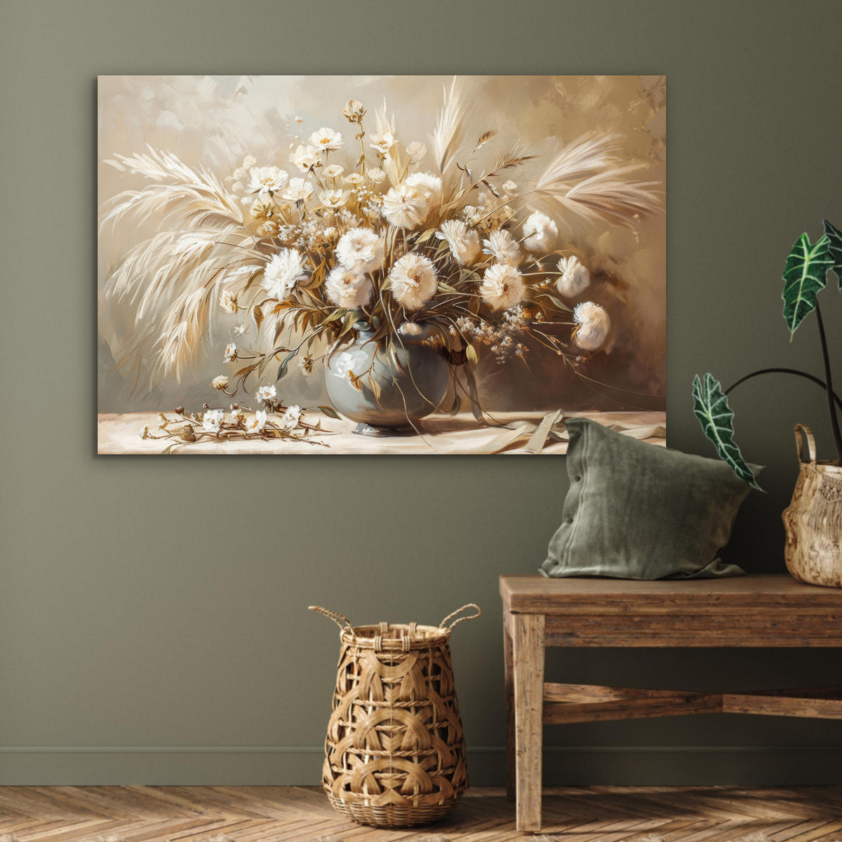 METALLBILD Blumen - Vase - Stilleben - Beige 90x60 cm - Creme, Metall (90/60cm) - MuchoWow