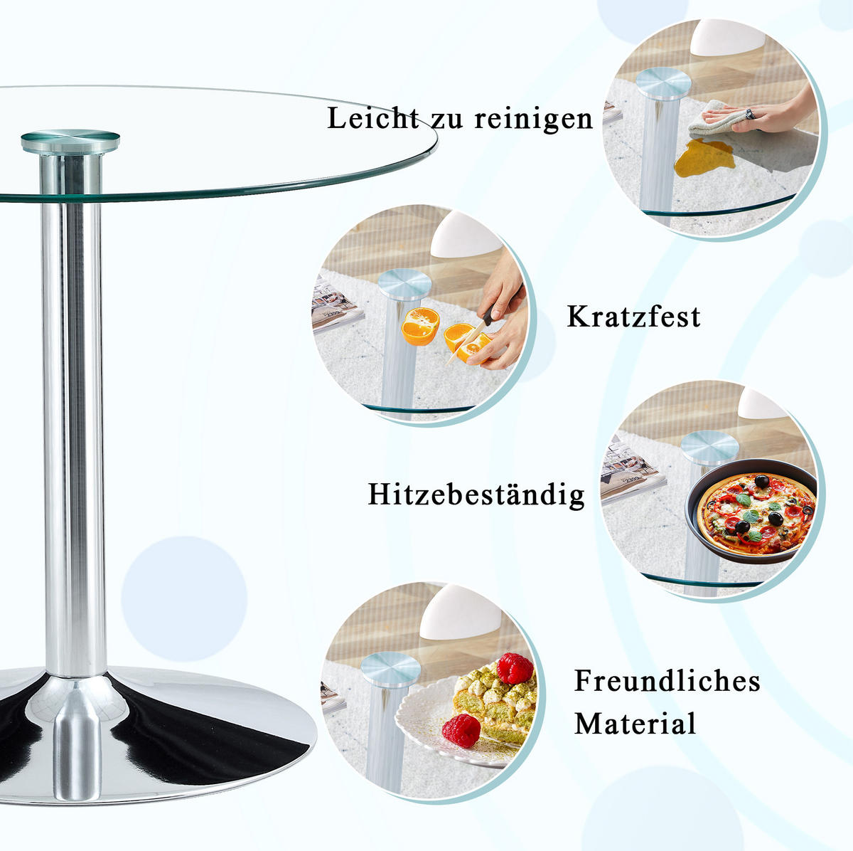 BARTISCH 85/85/76 cm Transparent Silber Glastisch mit Metallfuß - Silberfarben, Glas (85/85/76cm) - OKWISH