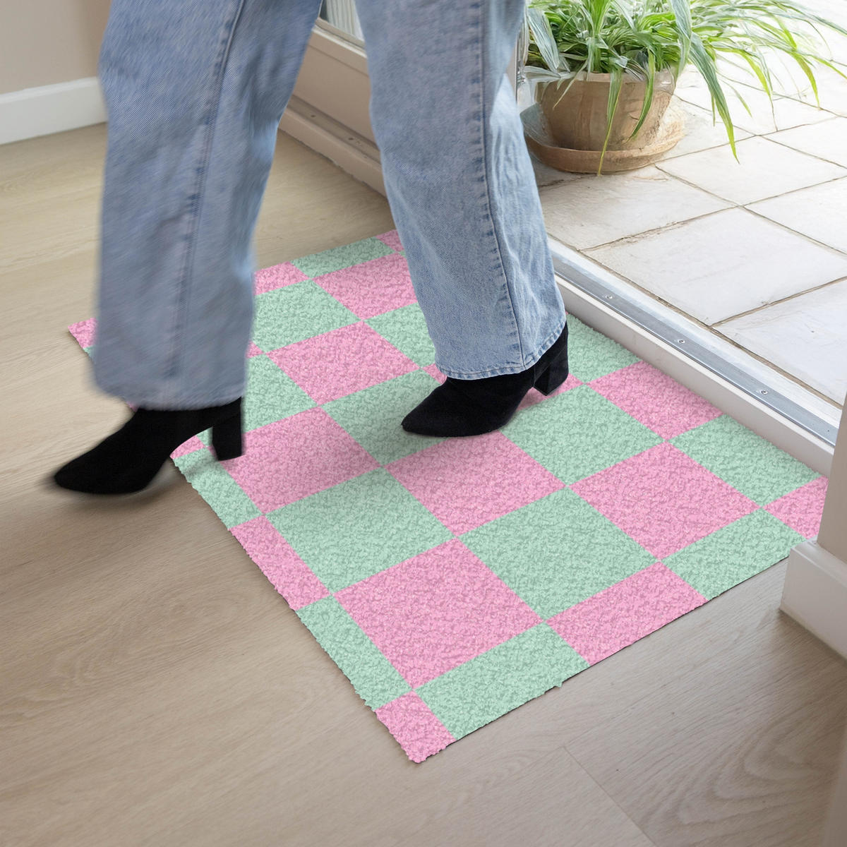FUSSMATTE Schachbrettmuster - Grün - Rosa - Würfel Fußabtreter 90x60 cm - Mintgrün, Kunststoff (90/0.4cm) - MuchoWow