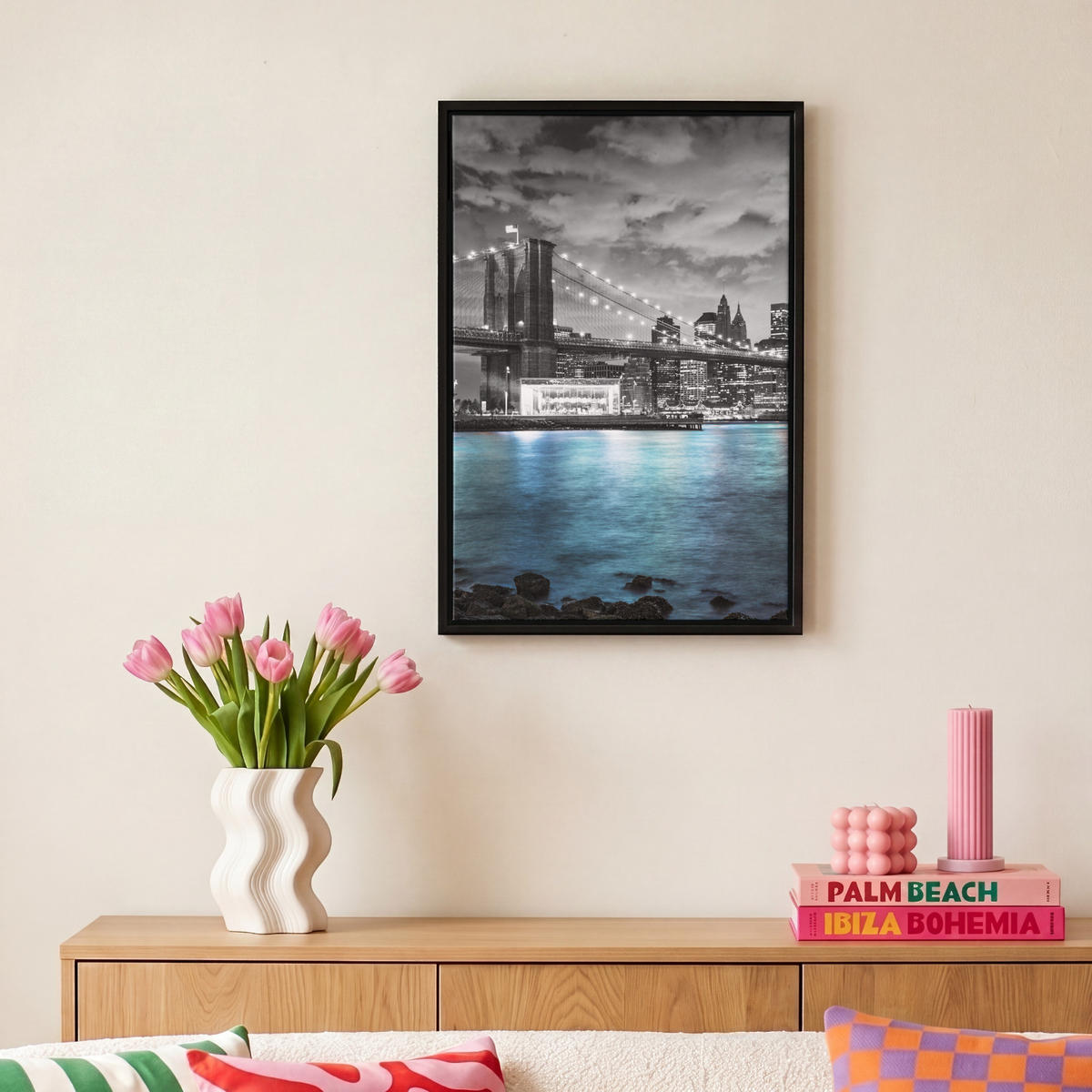 LEINWAND Bilder mit Rahmen - New York - Skyline - Stadt - Blau - 20x30 - Blaugrau, Textil (20/30cm) - MuchoWow
