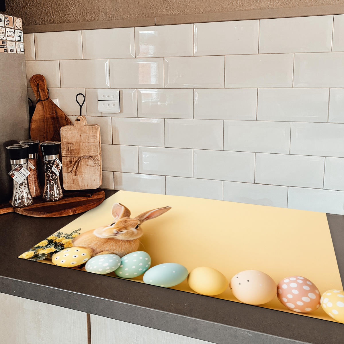 HERDABDECKPLATTE Eier - Kaninchen - Pastellfarbtöne Ceranfeldabdeckung 76x51.5 cm - Hellgelb, Kunststoff (76/51.5/0.2cm) - MuchoWow