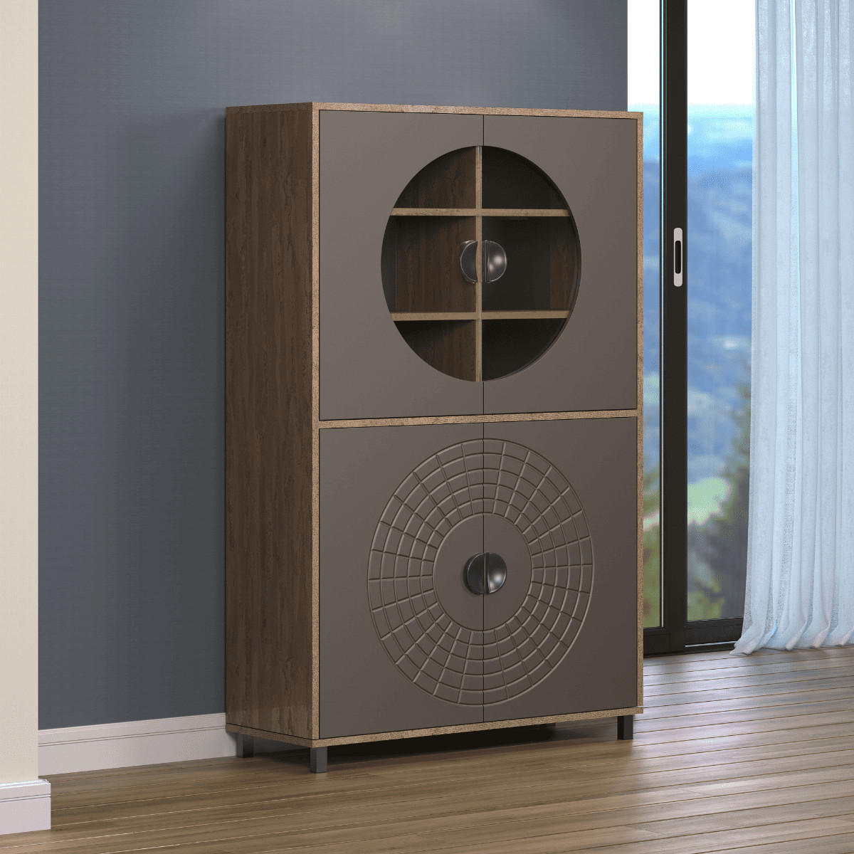 SIDEBOARD mit 4 türen, davon 2 mit gehärtetem glas - fusion 97/42/163 cm - Eschefarben, Holzwerkstoff (42/163/13cm) - Calicosy