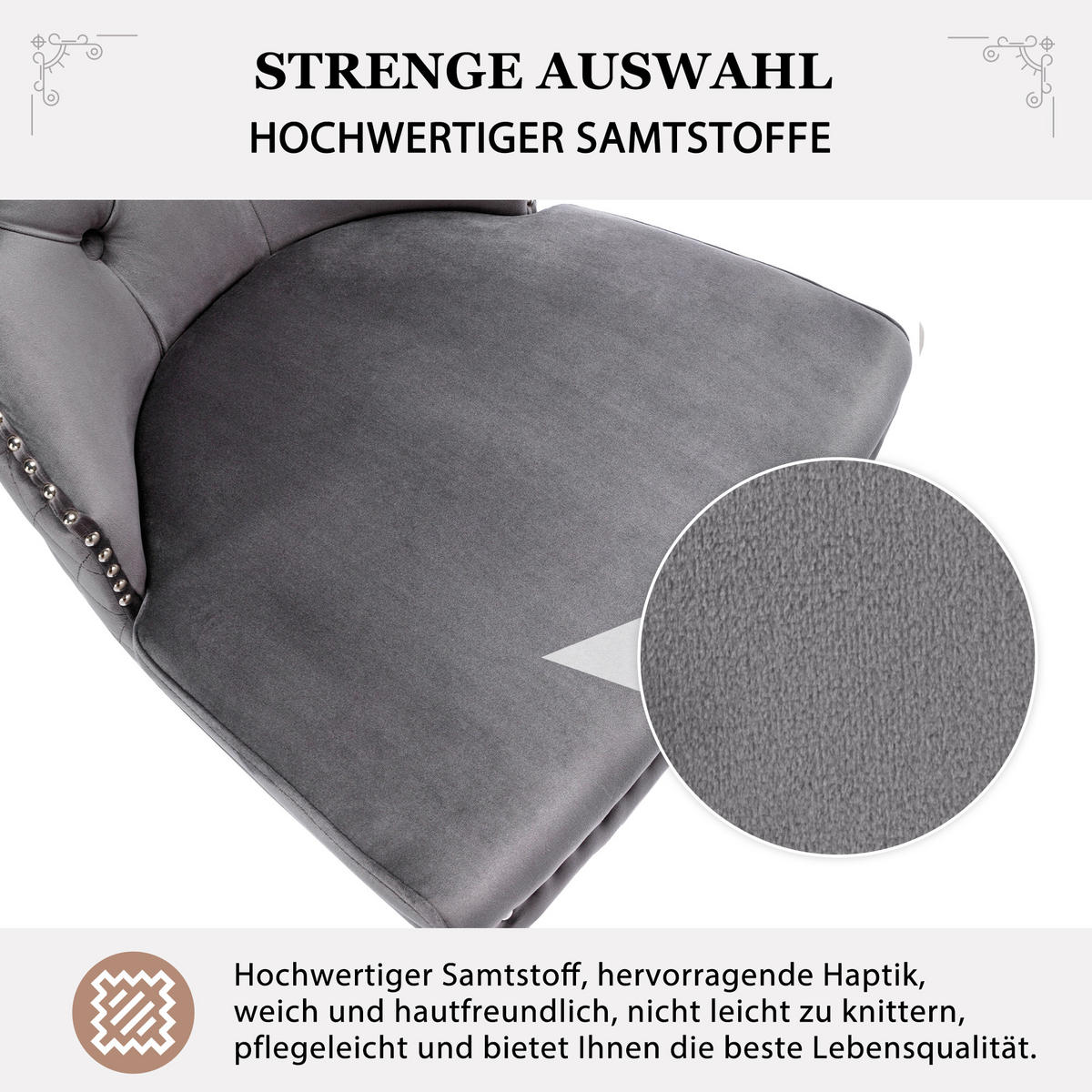 ESSZIMMERSTUHL 2er-Set mit Samtpolsterung, Massivholz-Metall-Gestell und Pin-Kopf Dekoration im modernen Design, grau - Grau, Textil (62.5/94.5/53cm) - Luhomfu