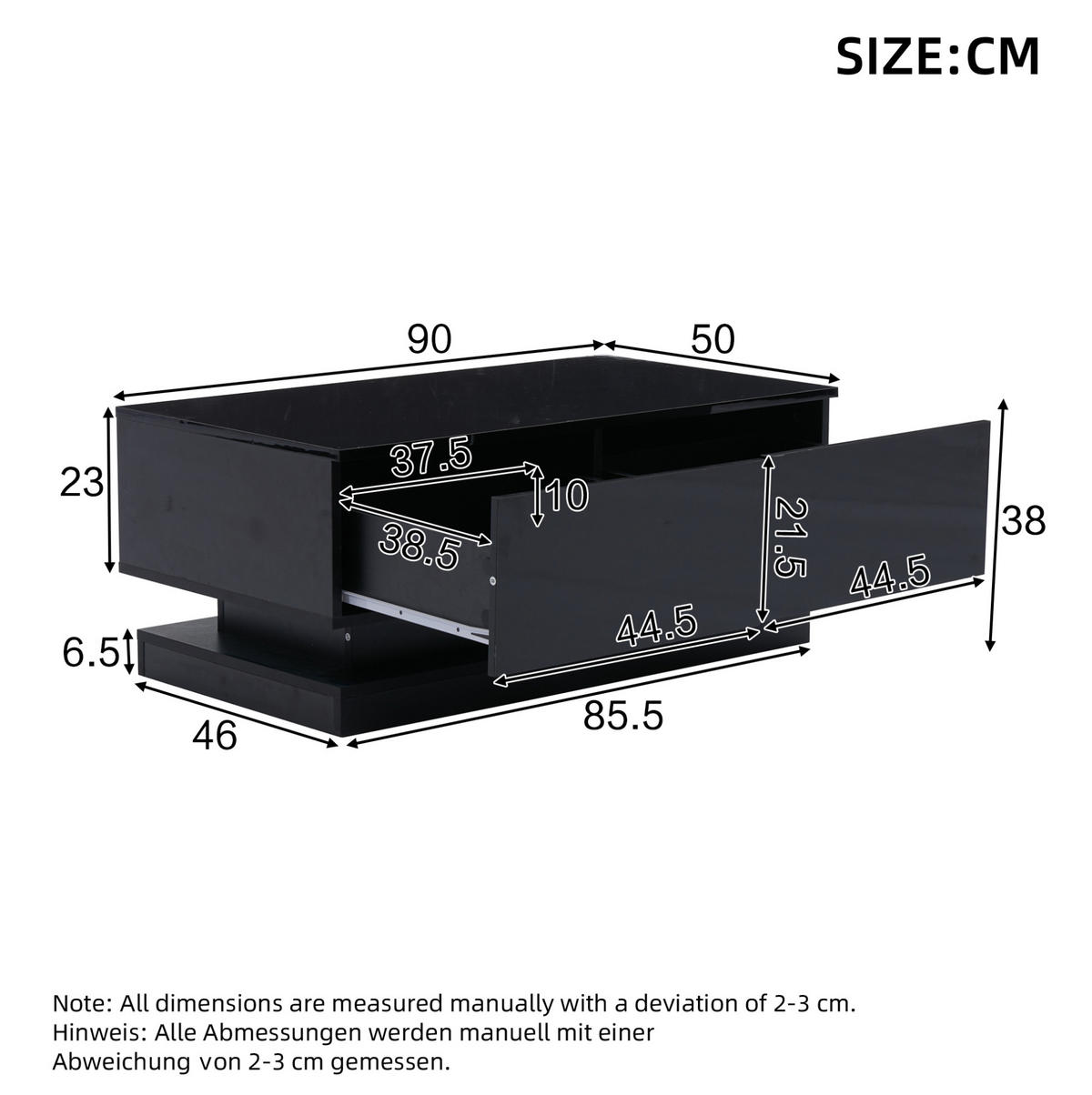 COUCHTISCH 90/50/38 cm schwarz mit 2 Schubladen und LED-Beleuchtung - Schwarz, Holzwerkstoff (90/50/38cm) - OKWISH