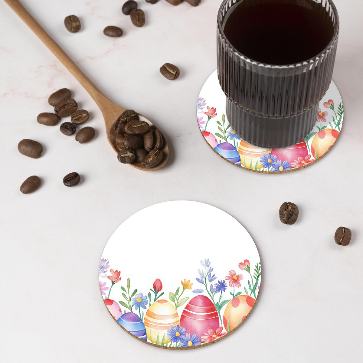 GLASUNTERSETZER Blumengarten - Bunt - Eier 10x10 cm - Weiß, Naturmaterialien (10/0.2cm) - MuchoWow