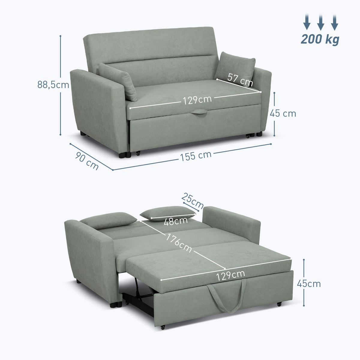 SCHLAFSOFA 2-Sitzer, Verstellbare Rückenlehne, Hellgrau - Hellgrau, Textil (155/88.5/90cm) - HOMCOM