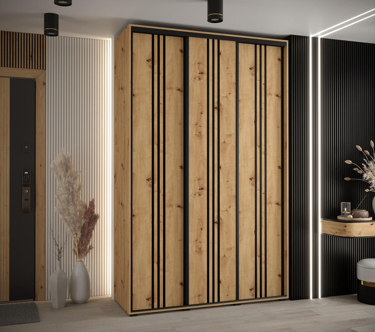 SCHWEBETÜRENSCHRANK 235,2/160/45 3-türig - Schwarz/Eiche Artisan, Holz/Metall (160/235/45cm) - Abiks Möbel