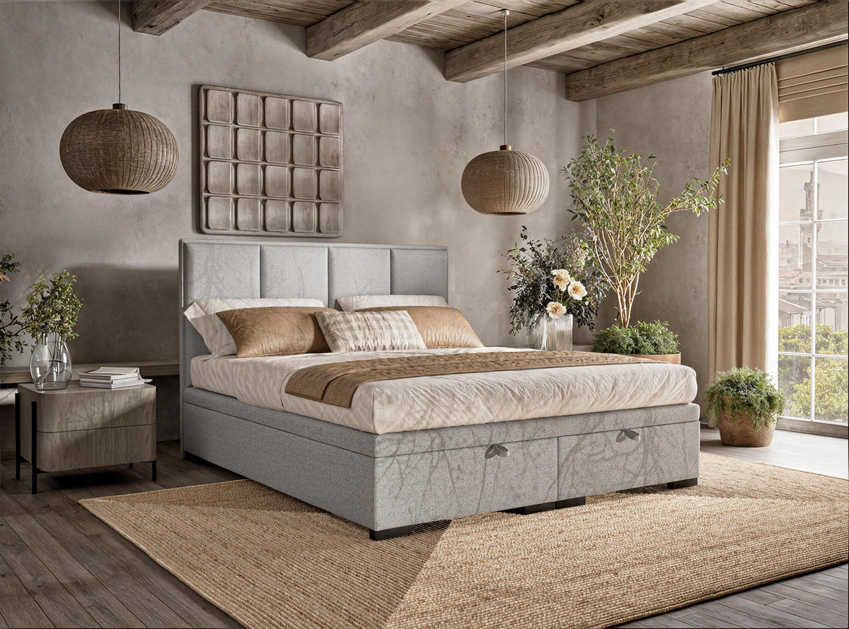 POLSTERBETT Fogo 180/200 cm, in Hellgrau, Bettkasten, gepolstertes Kopfteil - Hellgrau/Schwarz, Holz/Holzwerkstoff (180/200cm) - Maison de Reve