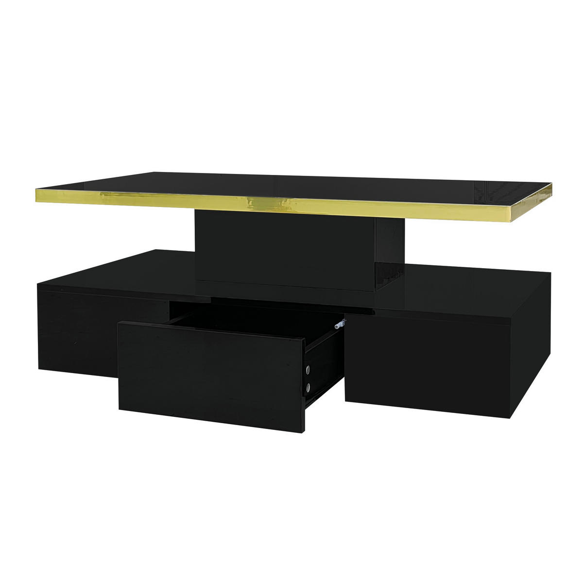 COUCHTISCH 100/50/38,5 cm schwarz Hochglanz mit 2 Ablageebenen und Schublade mit LED-Beleuchtung - Schwarz, Holzwerkstoff (100/50/39cm) - OKWISH