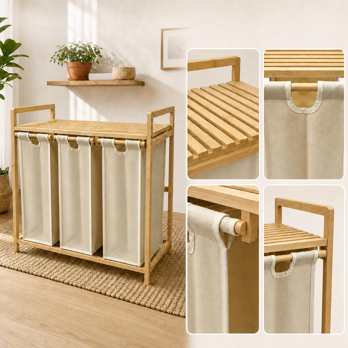 WÄSCHESAMMLER Natur Beige 3er-Set Bambus - Multicolor, Holz/Textil (78/77/41.5cm) - Relaxdays