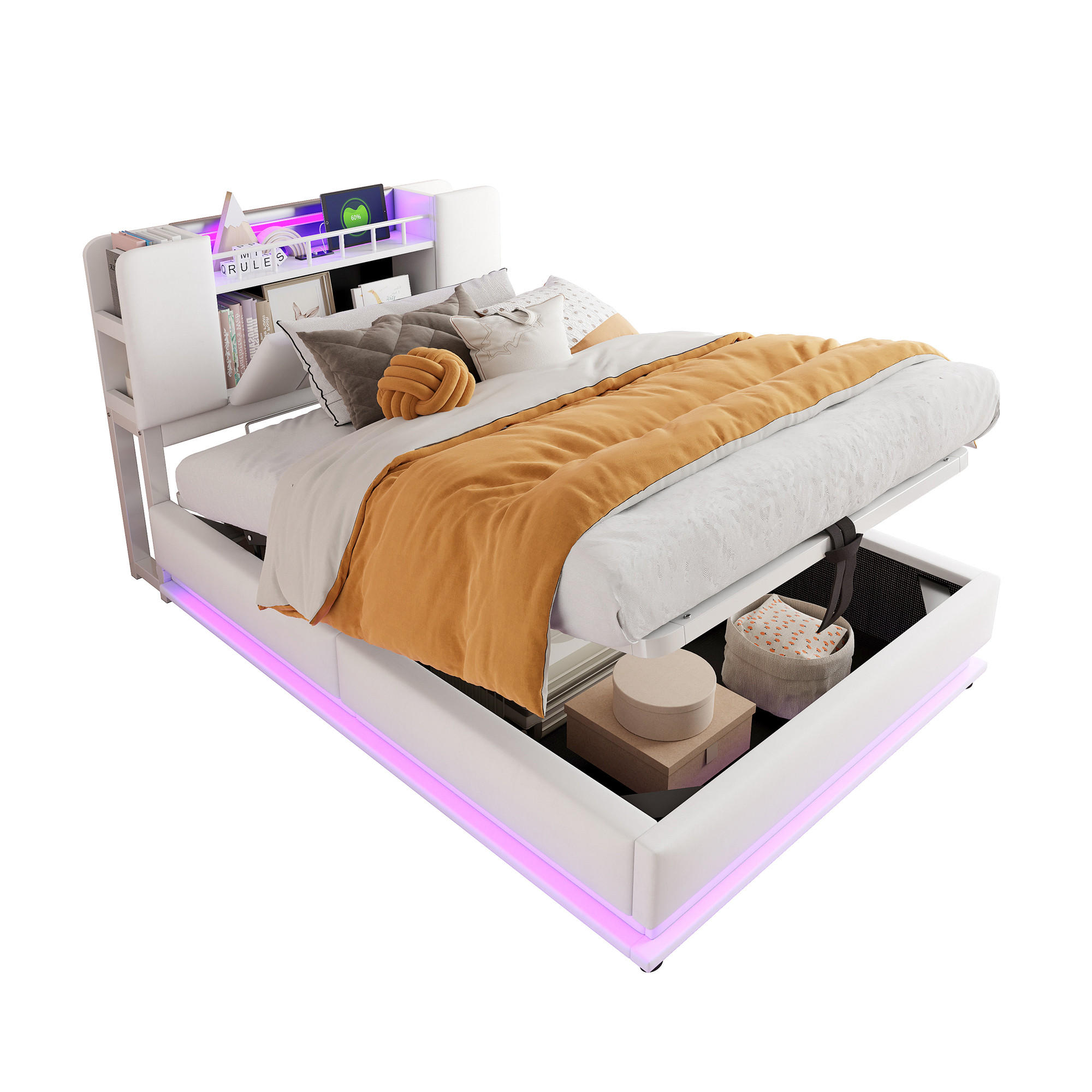 POLSTERBETT 90/200 cm Beige mit Stauraum mit LED-Beleuchtung und USB- und Type-C-Anschlüssen Samtbezug - Beige, Textil (90/200cm) - OKWISH