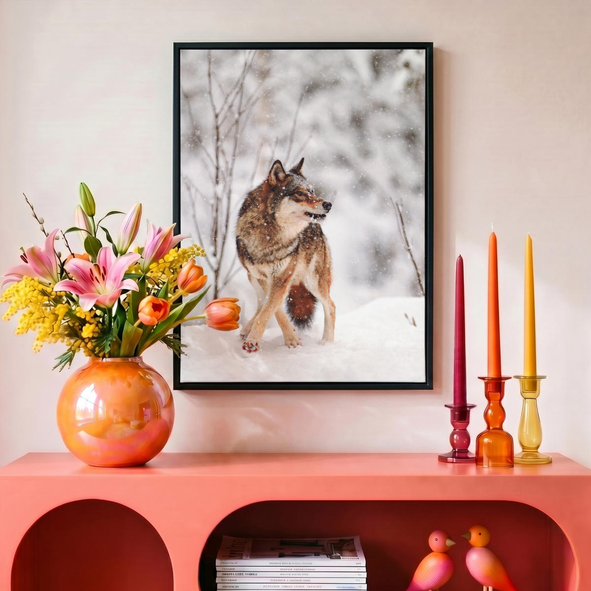 LEINWAND Bilder mit Rahmen - Wolf - Winter - Schnee - Natur - Tiere - 30x40 - Haselnussfarben, Textil (30/40cm) - MuchoWow