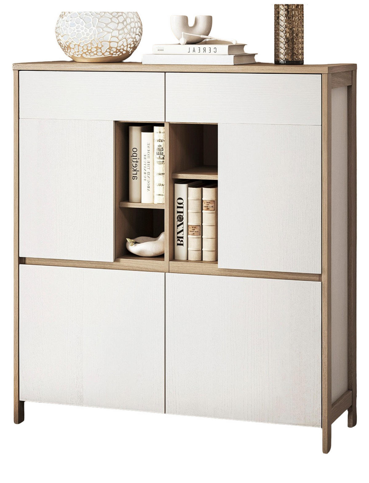 HIGHBOARD weiß, Eiche 111 cm, Kommode skandinavisch mit Soft-Close, Finnes - Eichefarben/Weiß, Holzwerkstoff/Metall (111/125/39cm) - Furn.Design