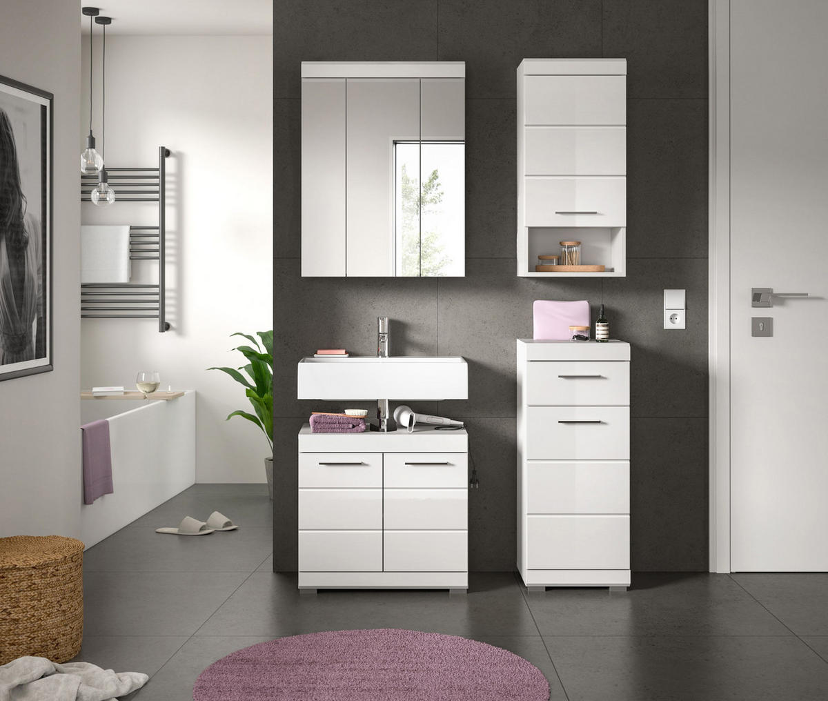 BADKOMBINATION 4tlg. Scout Bad in weiß Nachbildung und weiß hochglanz B/H/T: 112x191x34 cm - Weiß, Holz (112/191/34cm)