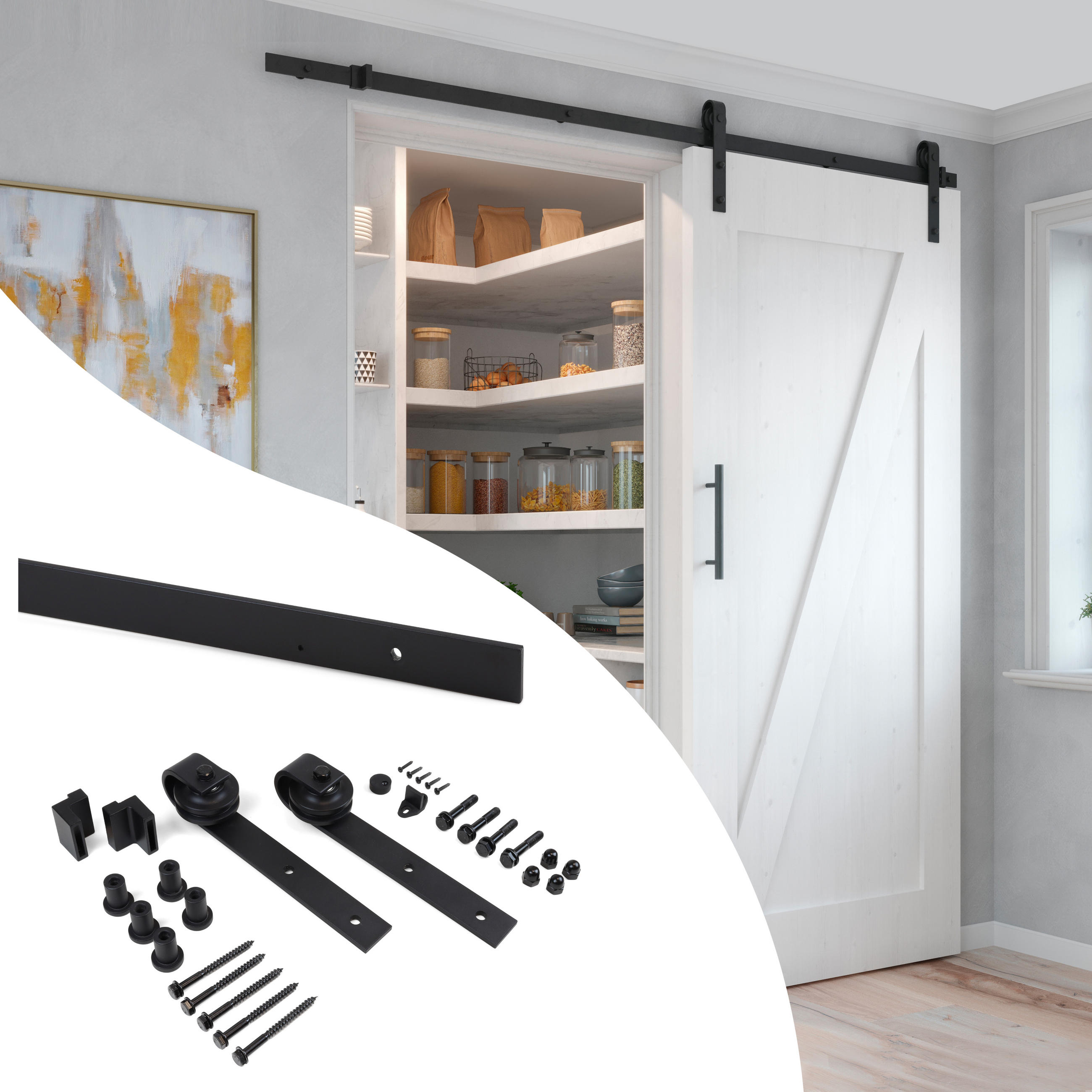 HARDWARE SET für eine Barn Holz Hänge-Schiebetür, ohne sanftes Schließen, ohne Bretter, Stahl und Kunststoff, Schwarz lackiert - Schwarz, Metall (10/25/200cm) - EMUCA
