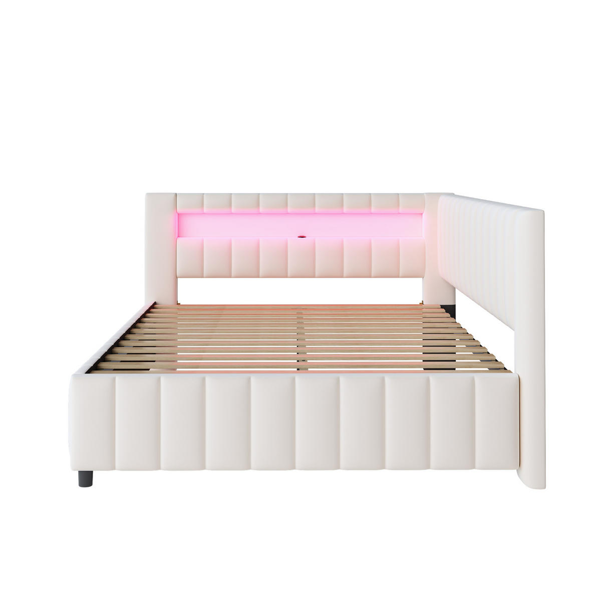 ČALÚNENÁ posteľ zo zamatu 140x200 cm béžová s LED osvetlením, USB portom a L-kovým dizajnom - béžová, textil (140/200cm) - Modfu