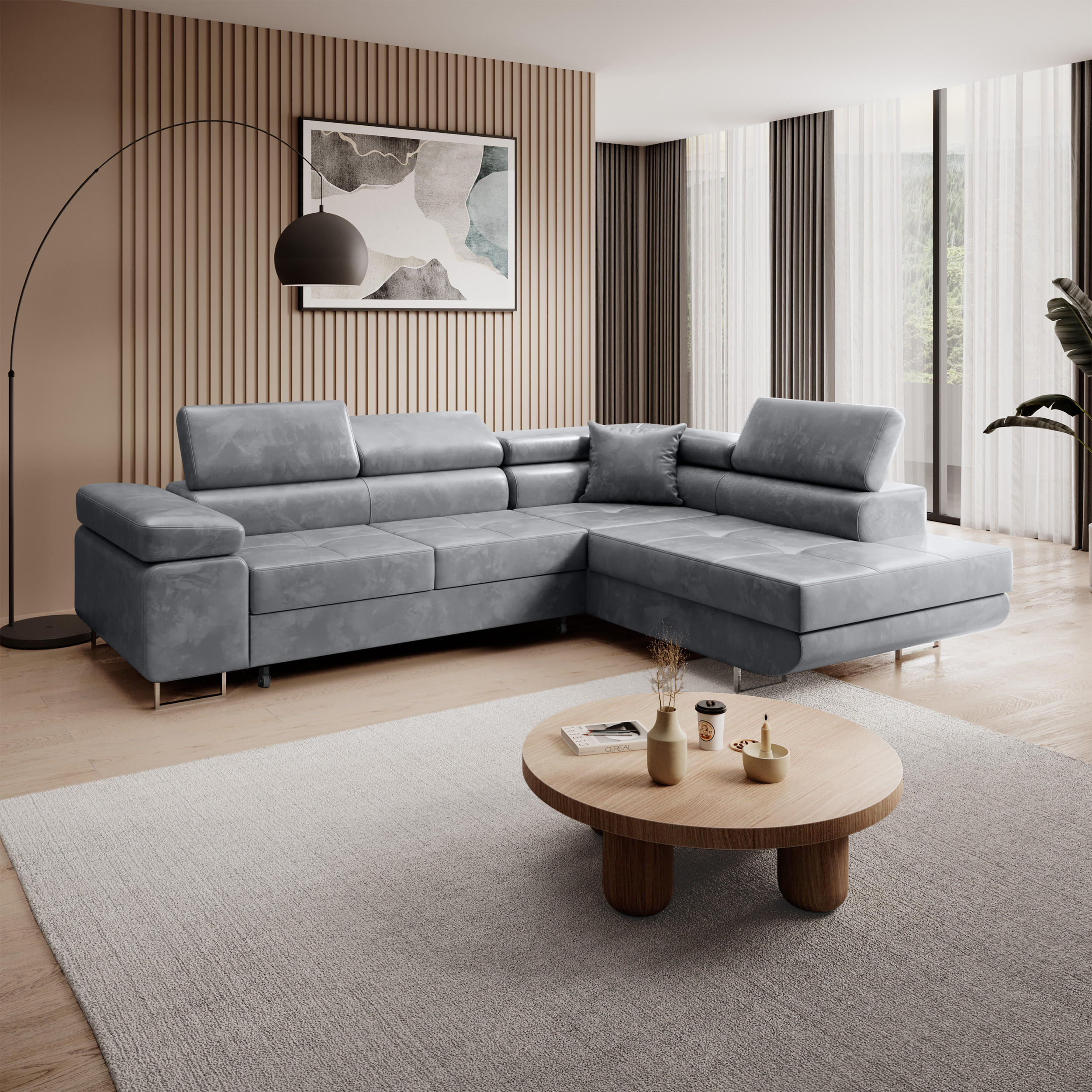 ECKSCHLAFSOFA Vild verstellbaren Kopfstützen, Hellgrau, rechts - Chromfarben/Hellgrau, Textil (275/203cm) - Beautysofa