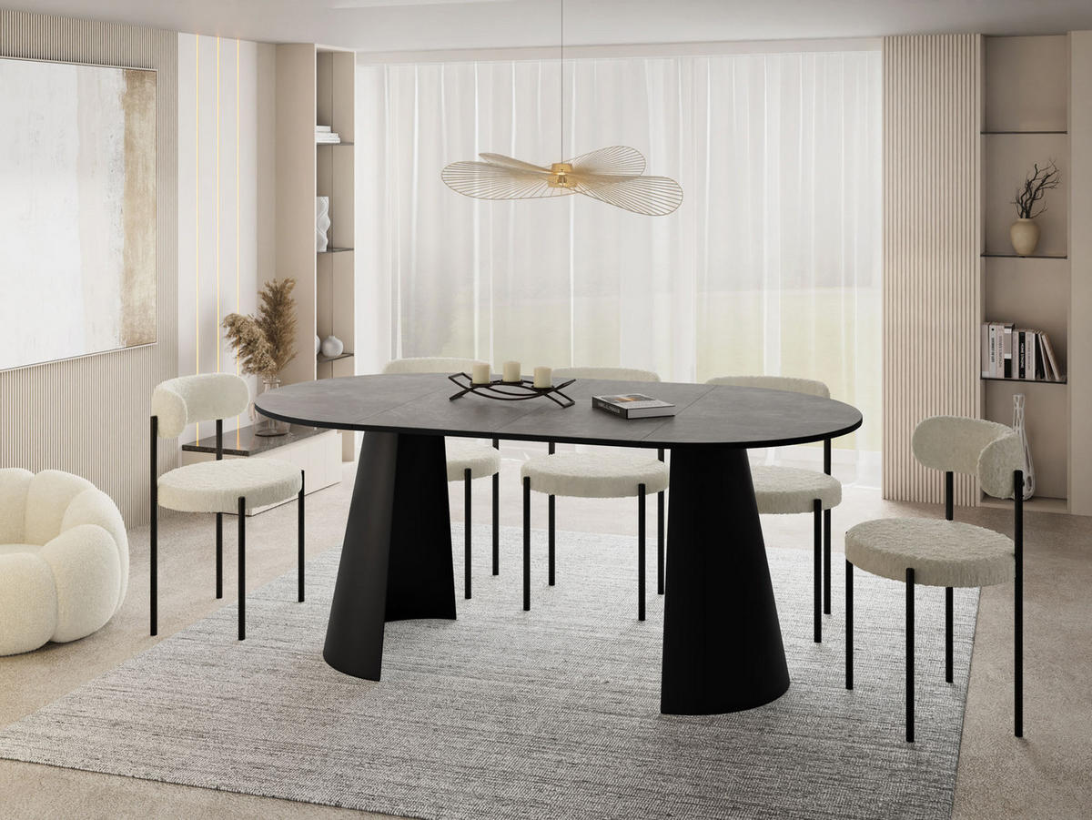 ESSTISCH Lamio runder ausziehbarer, Grauer Beton 100-180/100/76 cm - Hellgrau/Schwarz, Holzwerkstoff/Metall (100/100/76cm) - WFL GROUP