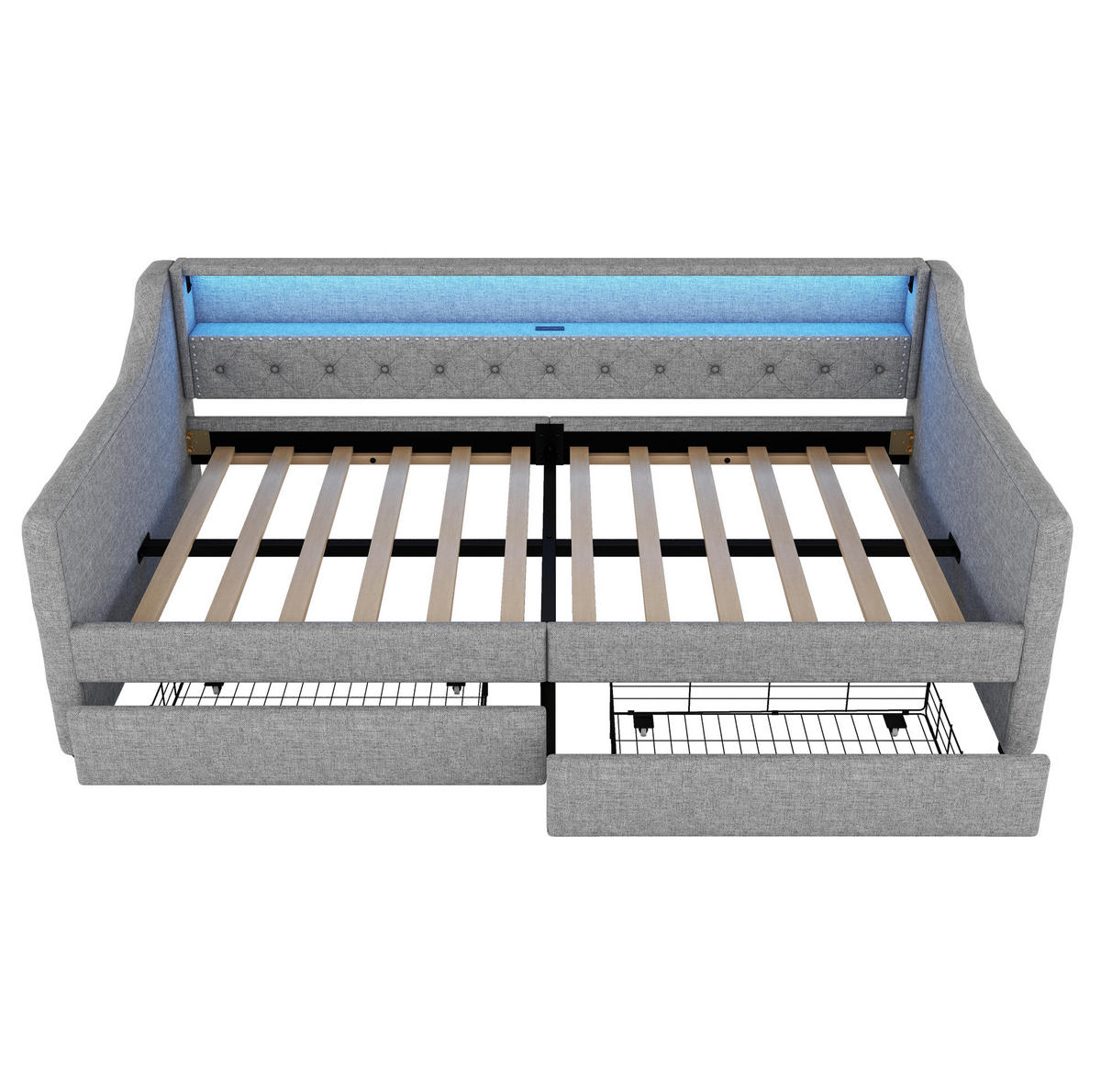 BETT 90/200 cm Grau mit 2 Schubladen, USB-Anschluss und LED-Beleuchtung - Grau, Textil (90/200cm) - Flora Grace
