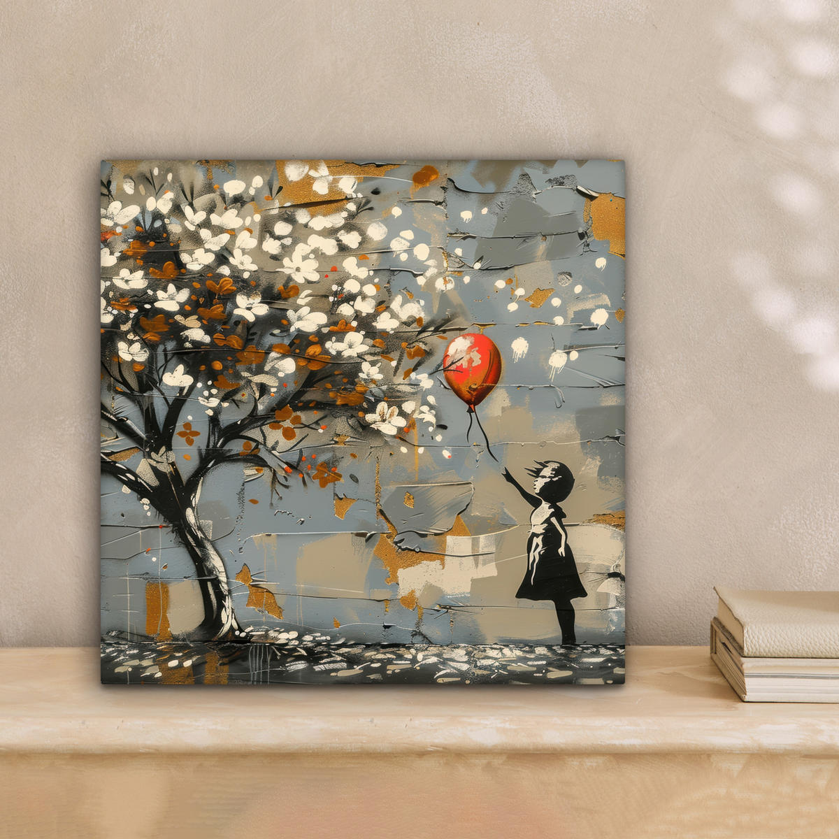 LEINWANDBILD Baum - Graffiti - Banksy-Stil - Ballon-Mädchen 20x20 cm - Blaugrau, Textil (20/20cm) - MuchoWow