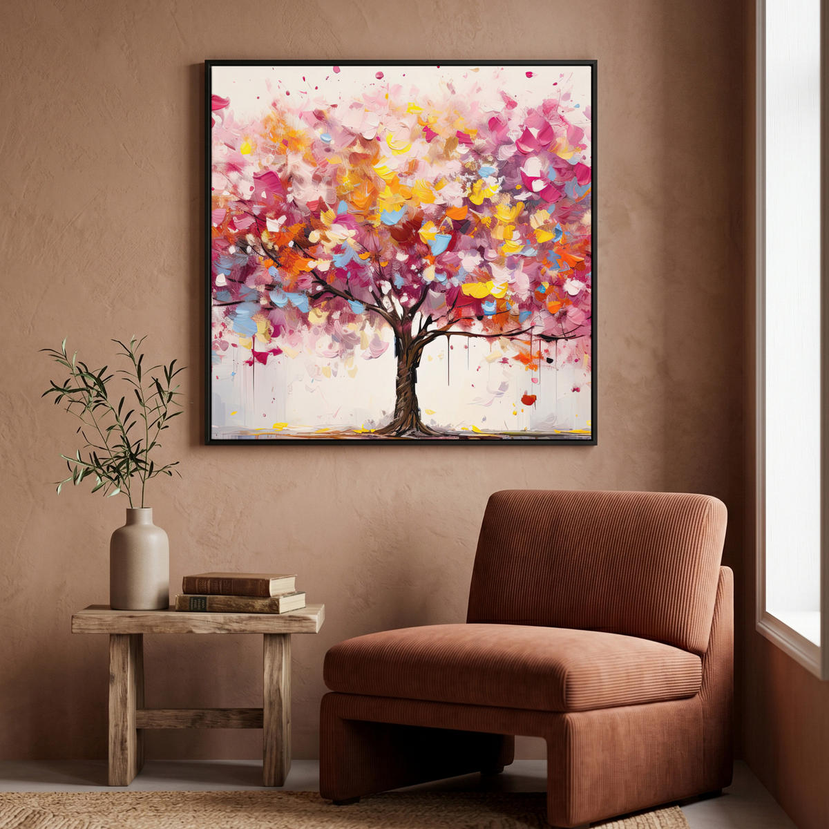 LEINWAND Bilder mit Rahmen - Aquarell - Baum - Kunst - Abstrakt - 90x90 - Multicolor, Textil (90/90cm) - MuchoWow
