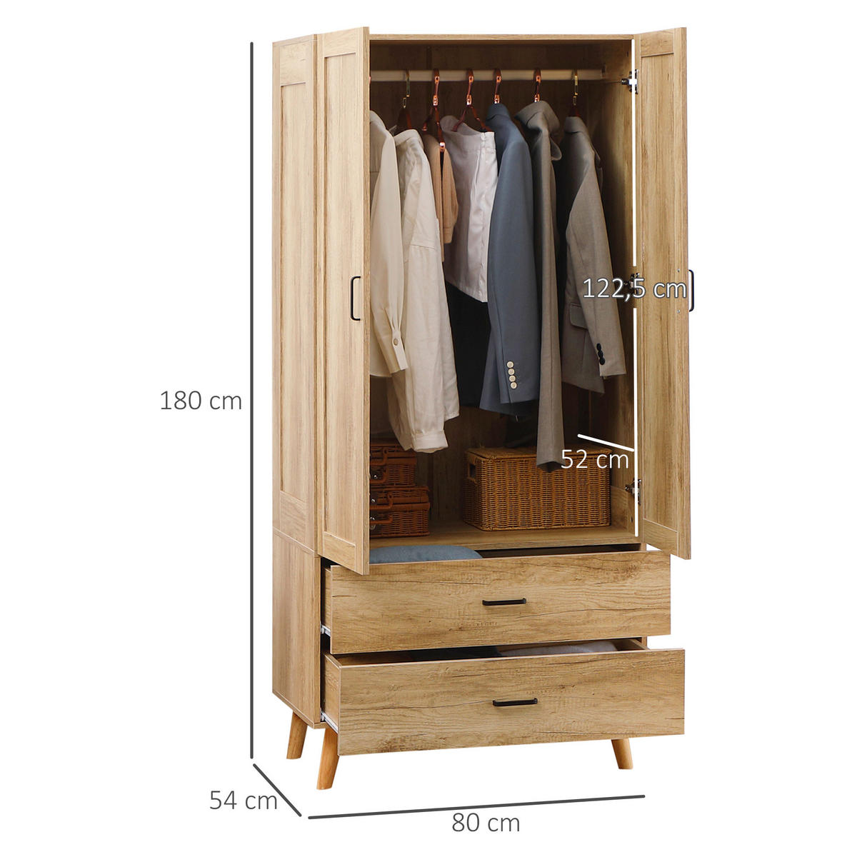 KLEIDERSCHRANK DE-17167 2 Türen & 2 Schubladen mit Kleiderstange Natur - Naturfarben, Holzwerkstoff (54/180/80cm) - ComfortXL