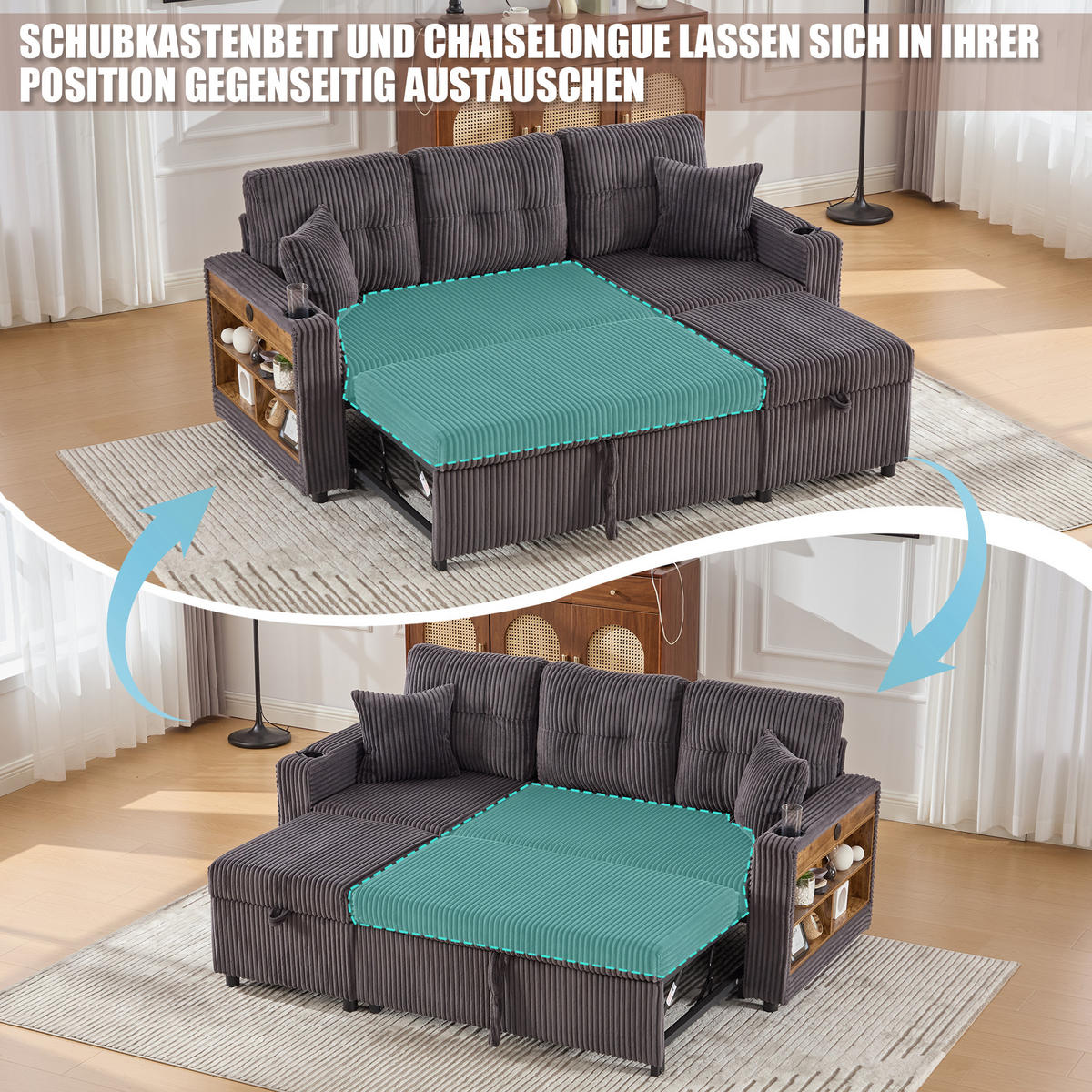 SCHLAFSOFA aus Cord mit Stauraum, Ausziehbett und USB-C - Dunkelgrau, Textil (196/85/82cm)